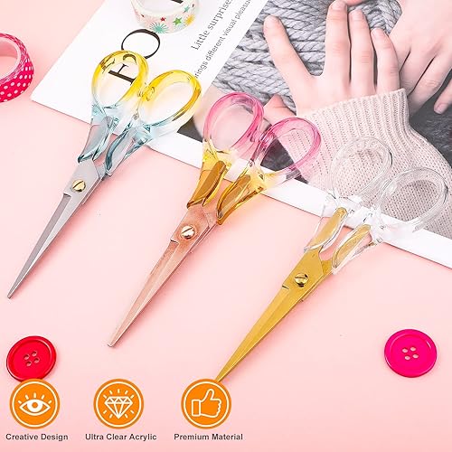 Miniatura 4 de 3 tijeras acrílicas de color degradado elegantes tijeras doradas para manualidades con asa tijeras de acero inoxidable para oficina tijeras de