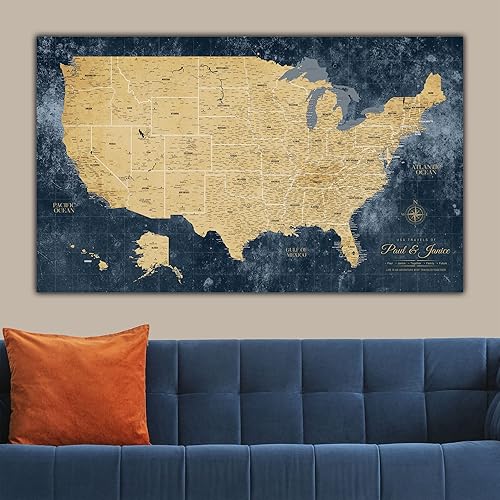 Miniatura 2 de Holy Cow Canvas Personalized Gold & Navy Textured Push Pin Map United States on Canvas, US Travel Map with Pins to Mark Travels, USA Map Pin Board,