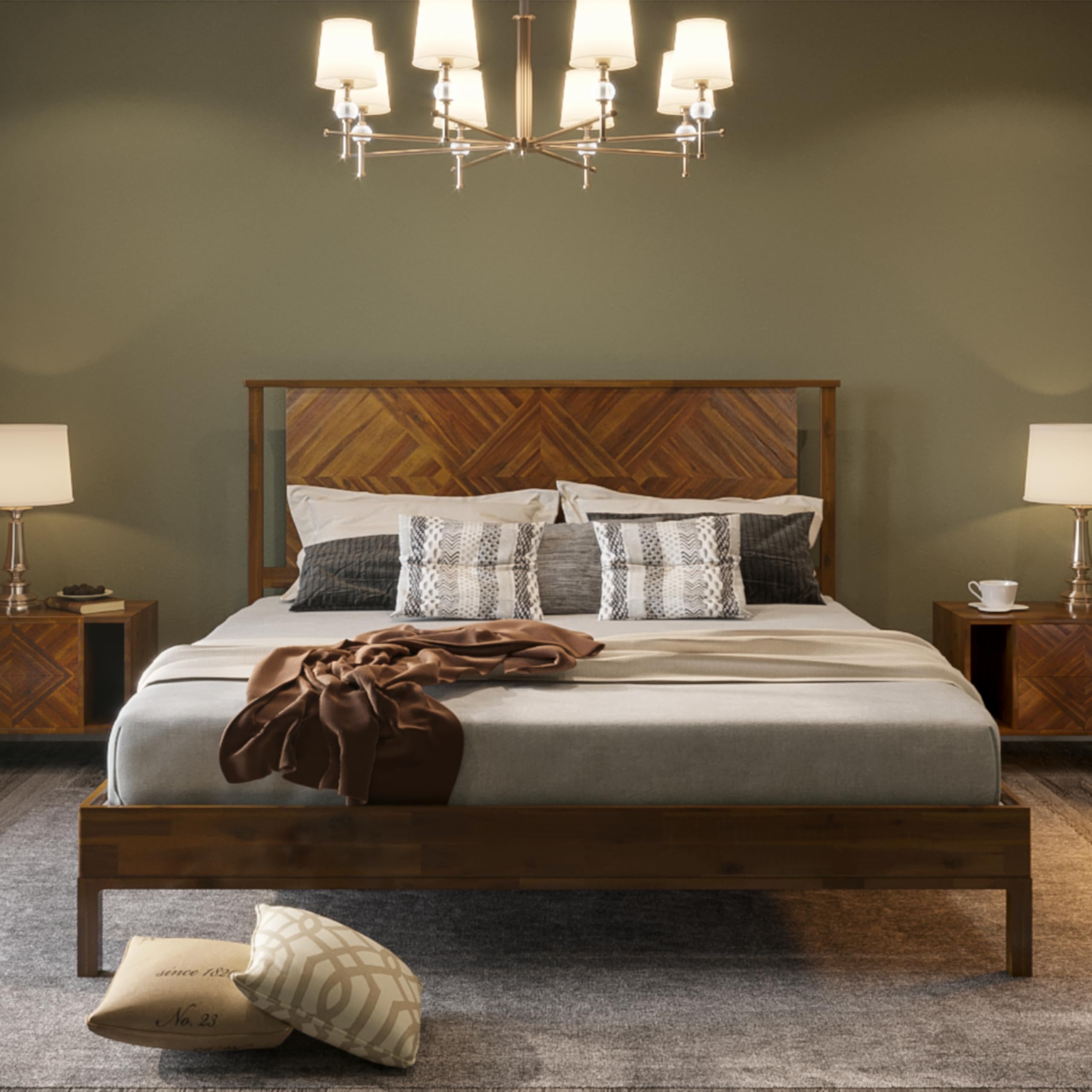 Bme Ethan Solid Wood King Bed Frame with Diamond Headboard - Rustic & Mid-century Modern - Acacia Wood Platform Bed - Compatible with All Mattresses - No Box Spring Needed - Rustic Brown