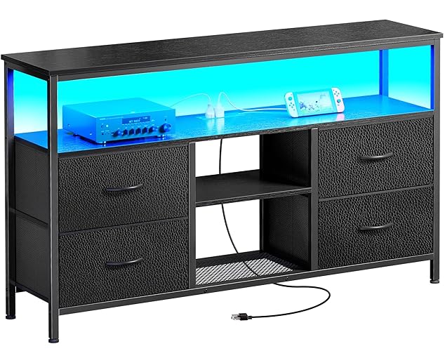 Huuger 47 Inch TV Stand Dresser with Power Outlets and LED Lights, Fabric Dresser for Bedroom with Storage, 4 Drawers Entertainment Center with Open Shelf, Media Console for 55 50 Inch TV, Black