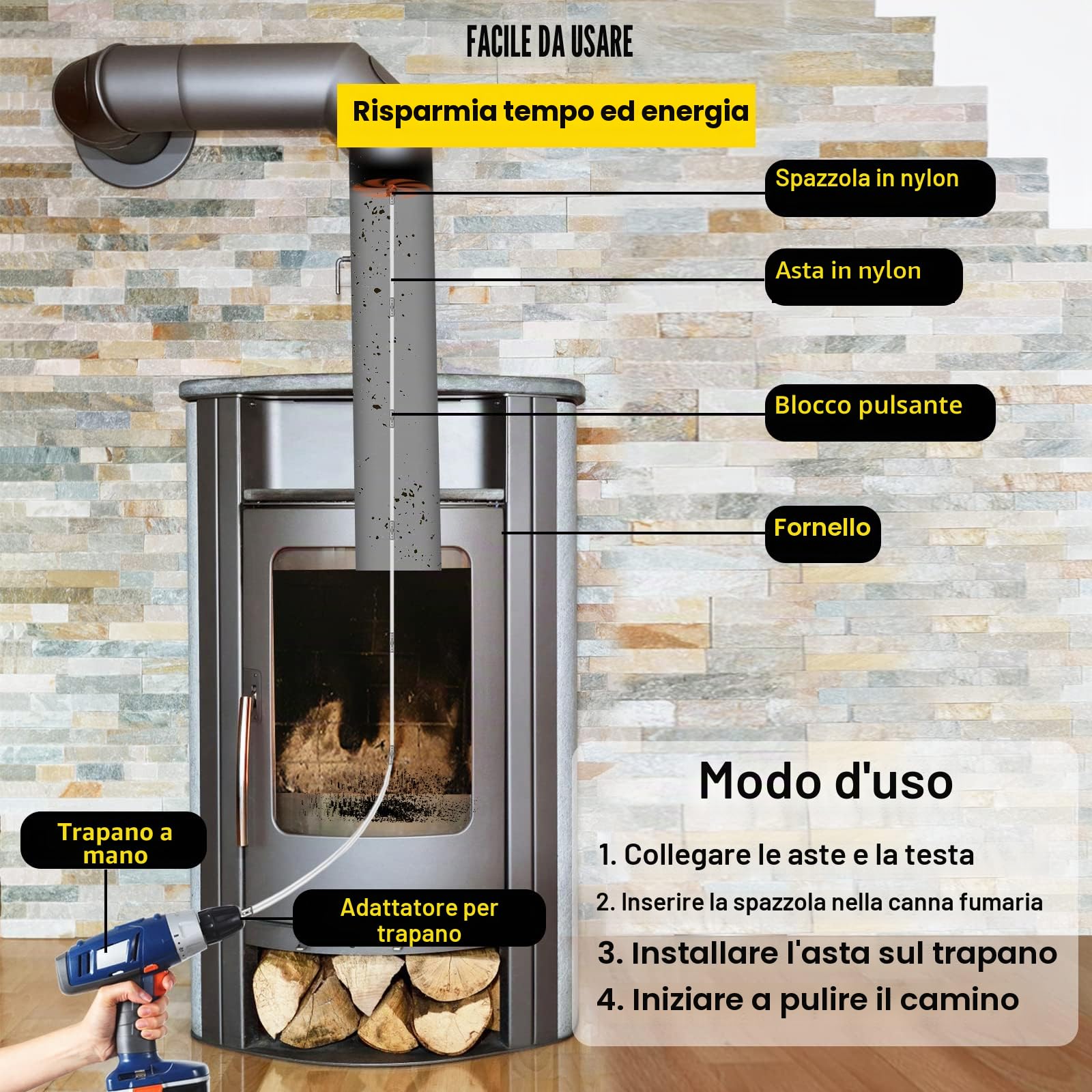 VEVOR Spazzacamino da 8M con 8 Canne in Nylon per Pulizia Camino Stufa Uso Domestico, Set Spazzole per Camino Stufa Kit Pulizia Camino Spazzola Camino Facile da Collegare con 8 Aste con 2 Testina