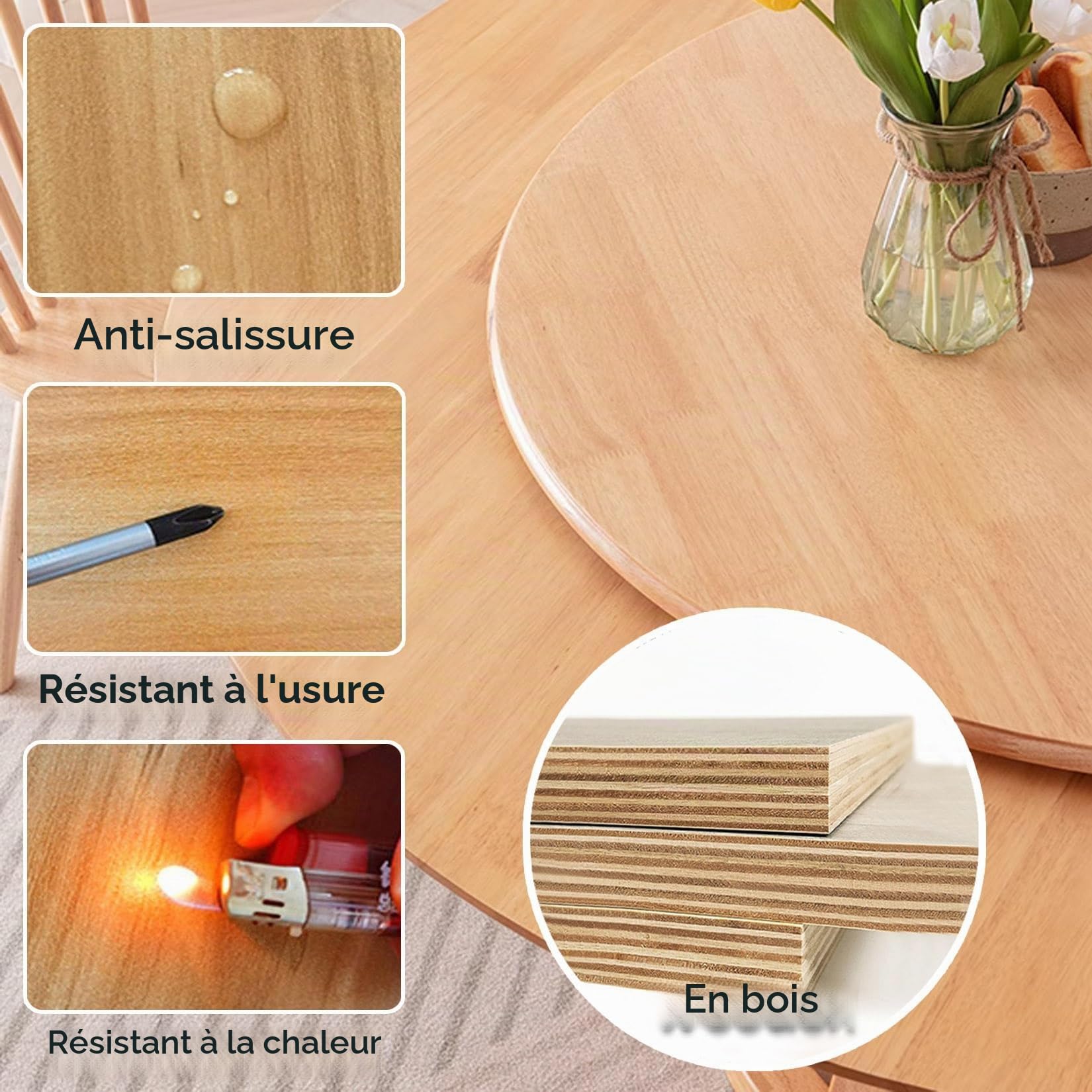 ESOYAWE Table À Manger Plateau De Service Ø 50-100 Cm Plateau Rotatif en Bois Rond, avec Base À Roulement Silencieux Grand Plateau Tournant Assiette De Service, pour Table À Manger De Cuisine