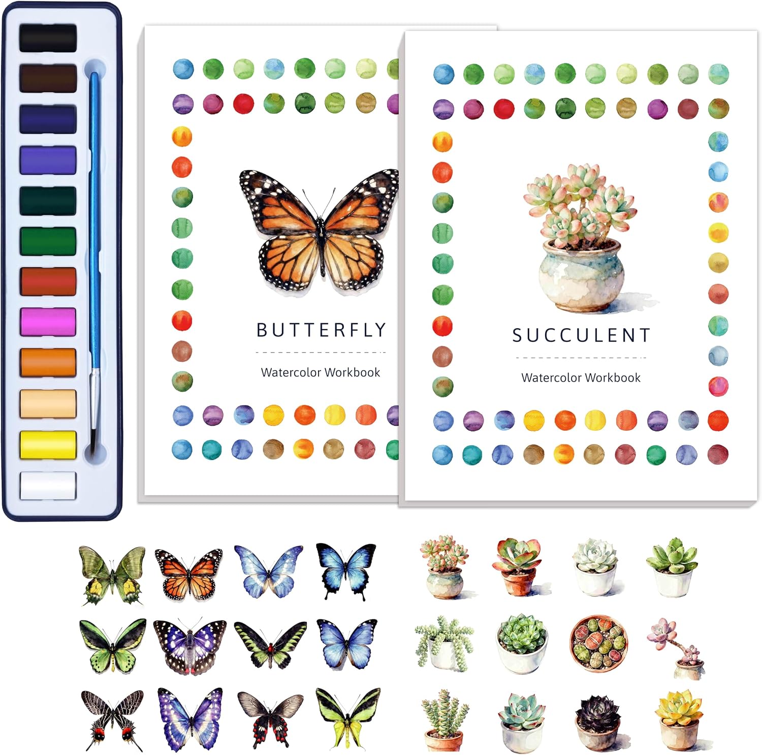 CraftyManor 2Pcs Watercolor Workbook Creative Water Color Paint Book Set with Paints & Brush, 12 Patterns of Original DIY Designs, Beginner-Friendly Adult Coloring Books Butterfly & Succulent