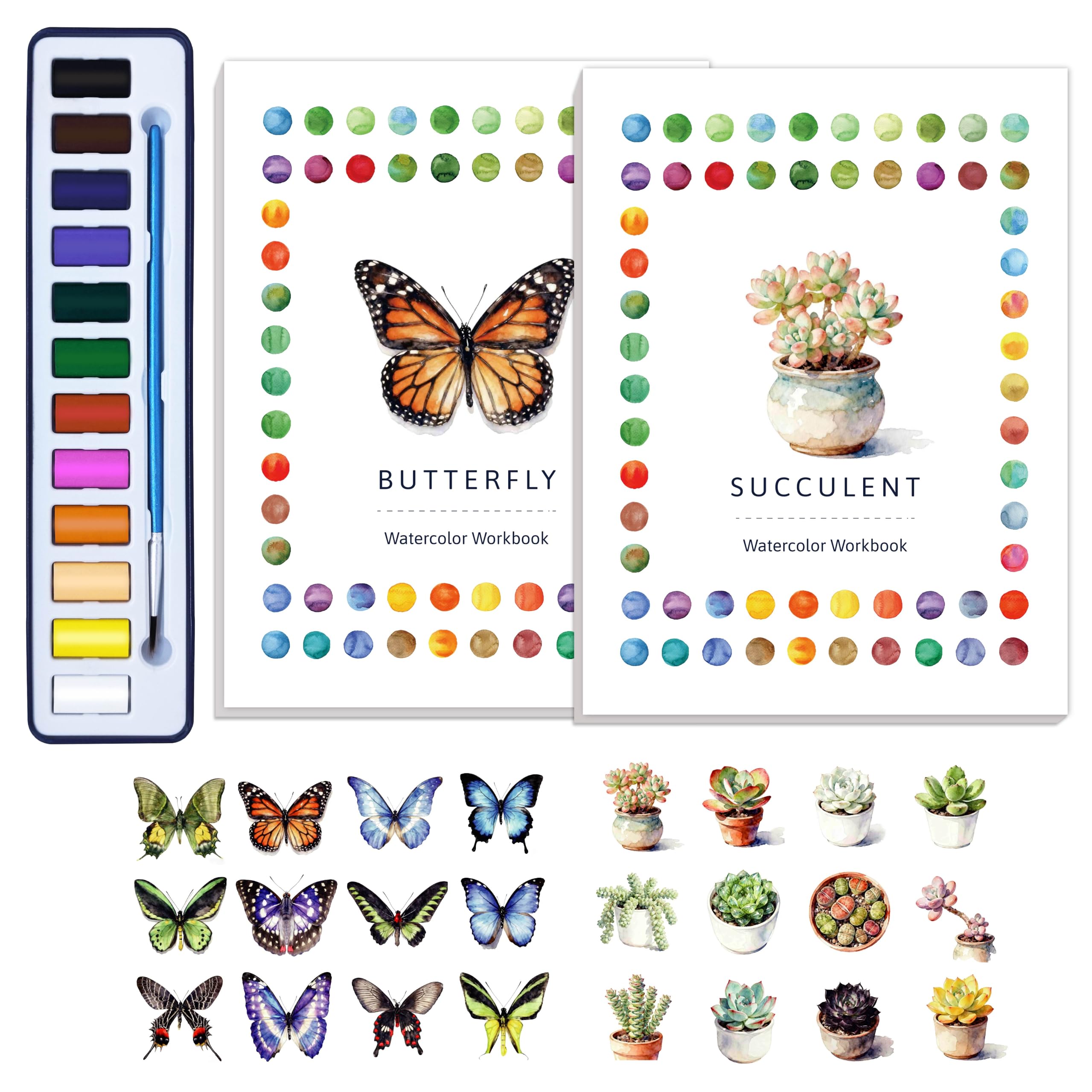 CraftyManor 2Pcs Watercolor Workbook Creative Water Color Paint Book Set with Paints & Brush, 12 Patterns of Original DIY Designs, Beginner-Friendly Adult Coloring Books (Butterfly & Succulent)