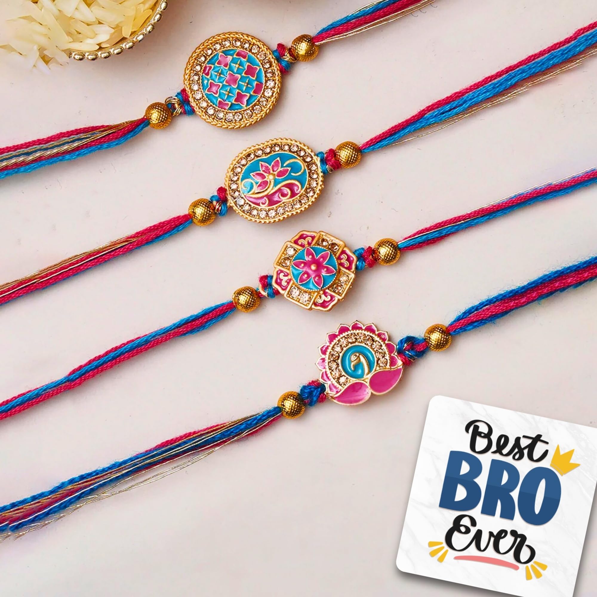 eCraftIndia Set of 4 Multicolor Floral & Peacock Designer Rakhis, Best Bro Ever Fridge Magnet with Roli Chawal Pack - Rakhis for Brother, Bhabhi, Kids