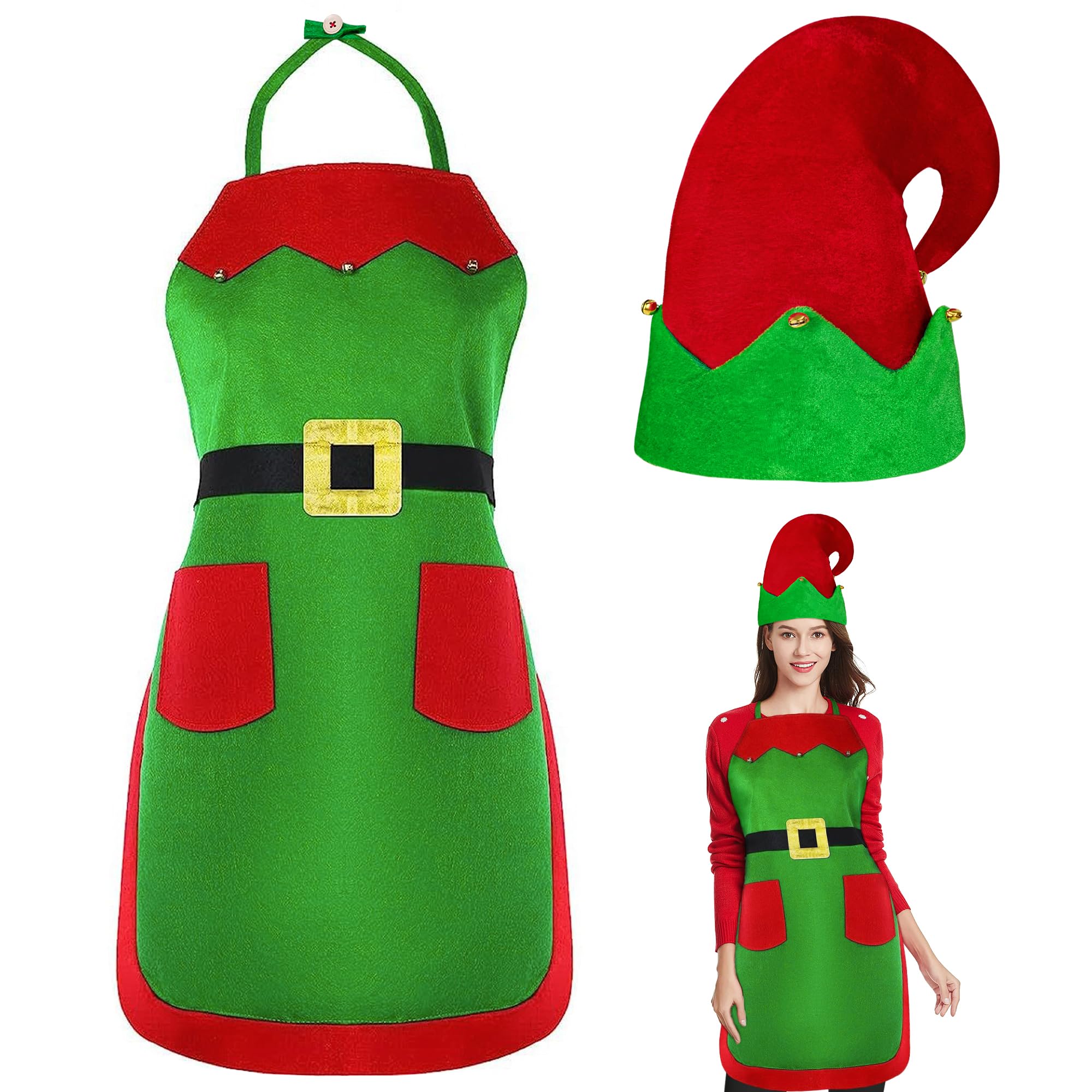 Yezmo Christmas Elf Apron and Hat Set, Christmas Elf Costume Accessories for Adults Women Men for Xmas Dress up Party