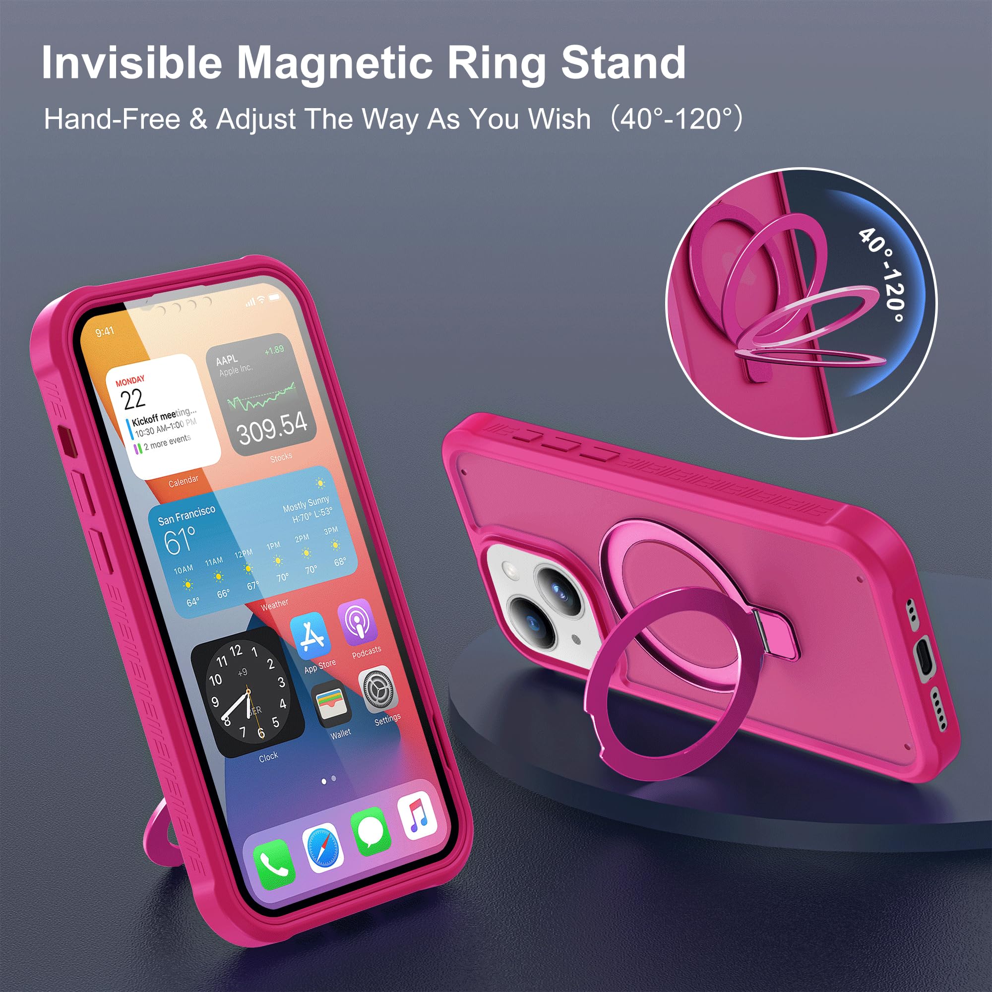 Custodia compatibile con iPhone 14/13 con supporto magnetico ad anello [compatibile con Mag-Safe] [protezione dello schermo integrata] Custodia per telefono opaca antiurto di grado militare,