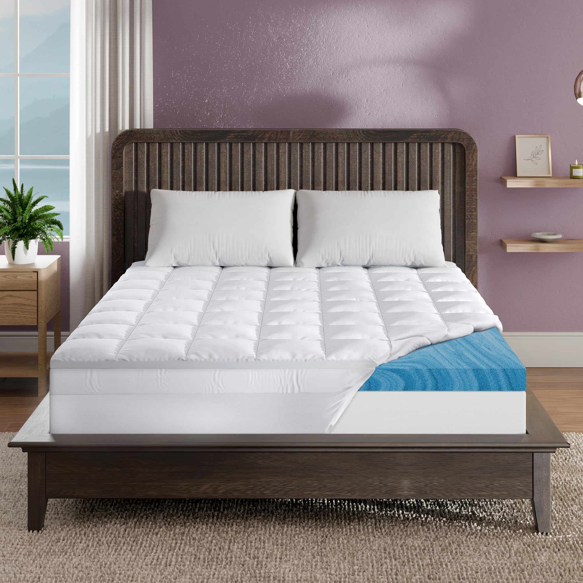 Sleep Innovations 4 Inch Pillow Top &amp; Green Tea Gel Memory Foam Mattress Topper, California King, Medium Plush Feel, Pressure Relief, for All Sleep Positions