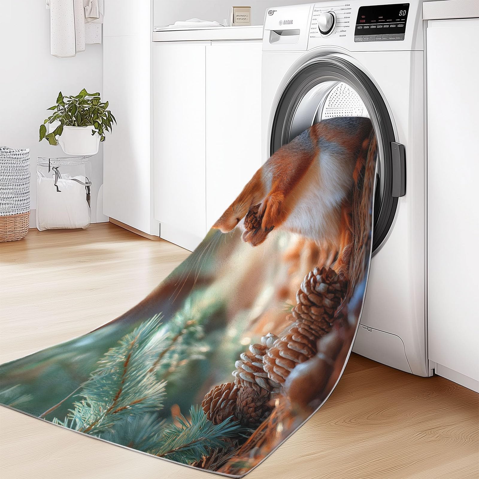 Teppich Wohnzimmer 120 x 180 cm Eichhörnchen Wald Tier Niedlich Tannenzapfen, Kurzflor Teppich mit Rutschfester Rückseite - Waschbar & Pflegeleicht, Läufer für Schlafzimmer Esszimmer und Küche, Grün