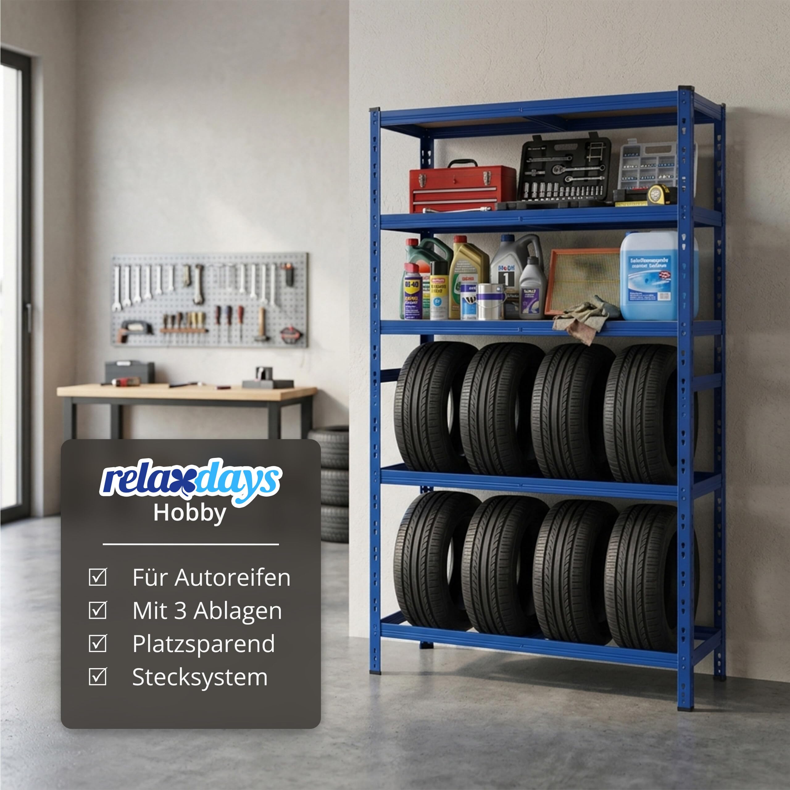 Relaxdays Reifenregal für 8 Reifen, HxBxT 210 x 110 x 40 cm, 750 kg, Stahl, Stecksystem, Reifenlager Werkstatt, blau