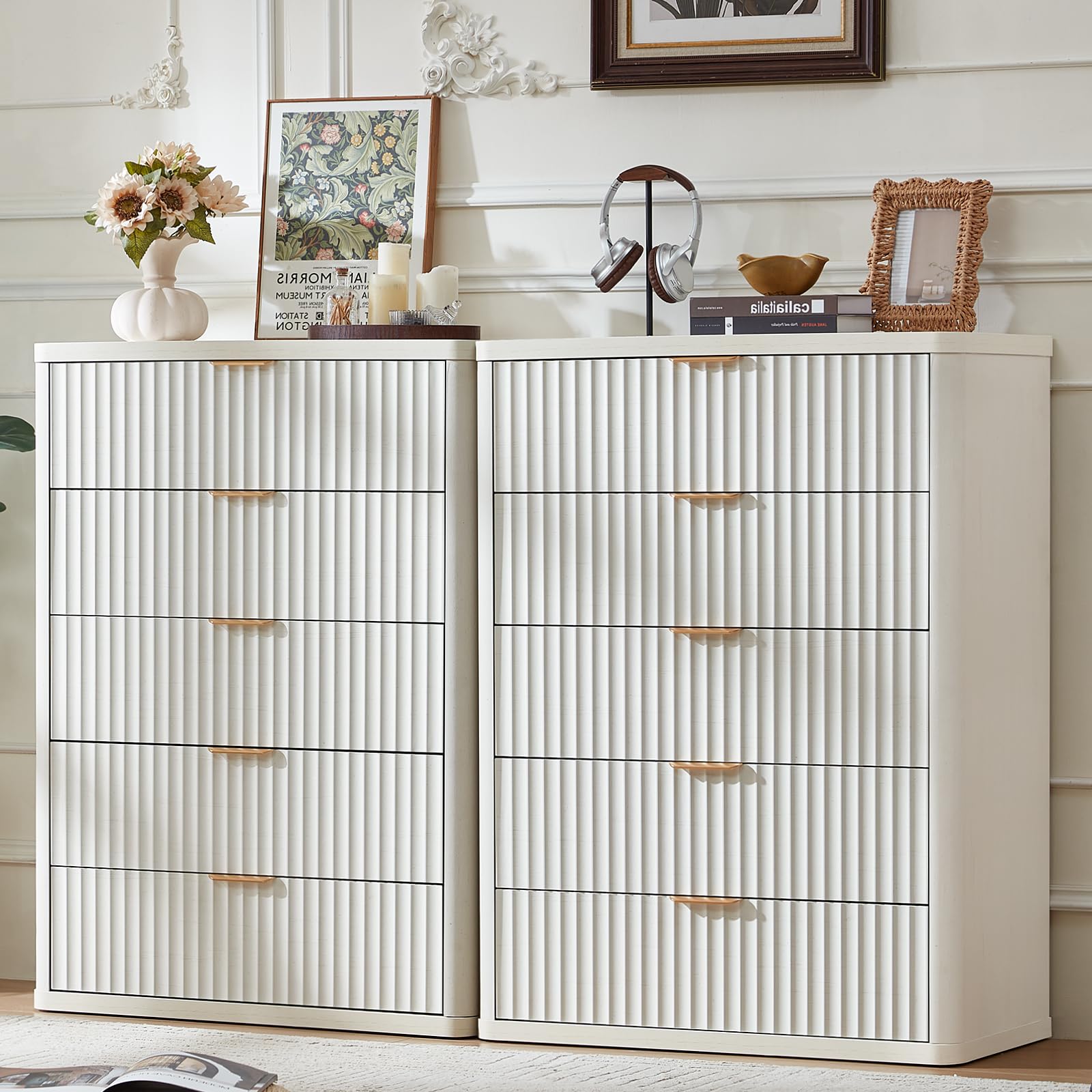 LEYAOYAO Fluted 5 Drawers Dresser Set of 2, 41" Tall Modern Chest of Drawers with Metal Handle, Curved Profile Dresser TV Stand, Wooden Drawer Organizer for Bedroom, Living Room, Hallway,Antique White