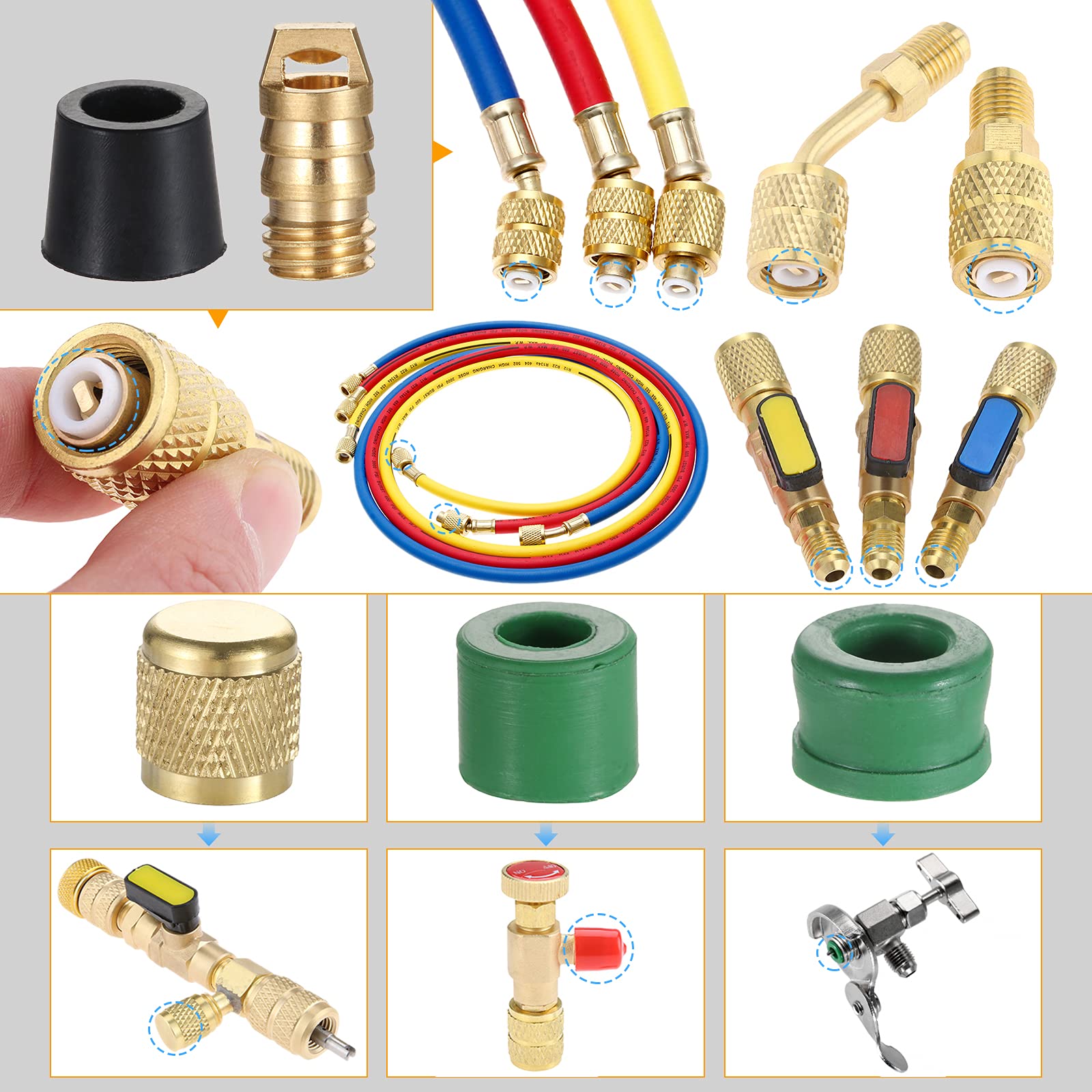 Kit de núcleo de válvula de aire acondicionado de 56 piezas, incluye núcleo de válvula R134a R22 R410, juntas de manguera, válvula, tuerca de latón, instalador de extracción de núcleo de