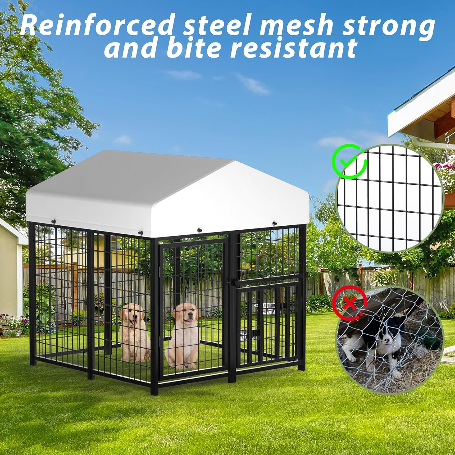 LOVMOR Outdoor Dog Kennel with Roof, Heavy Duty Steel Dog Run Enclosure for Small Dogs, Waterproof Canopy, Double Latch Door, Adjustable Feeding Bowls, Pet Pen for Yard and Patio, 4’L x 4’W x 4.25’H