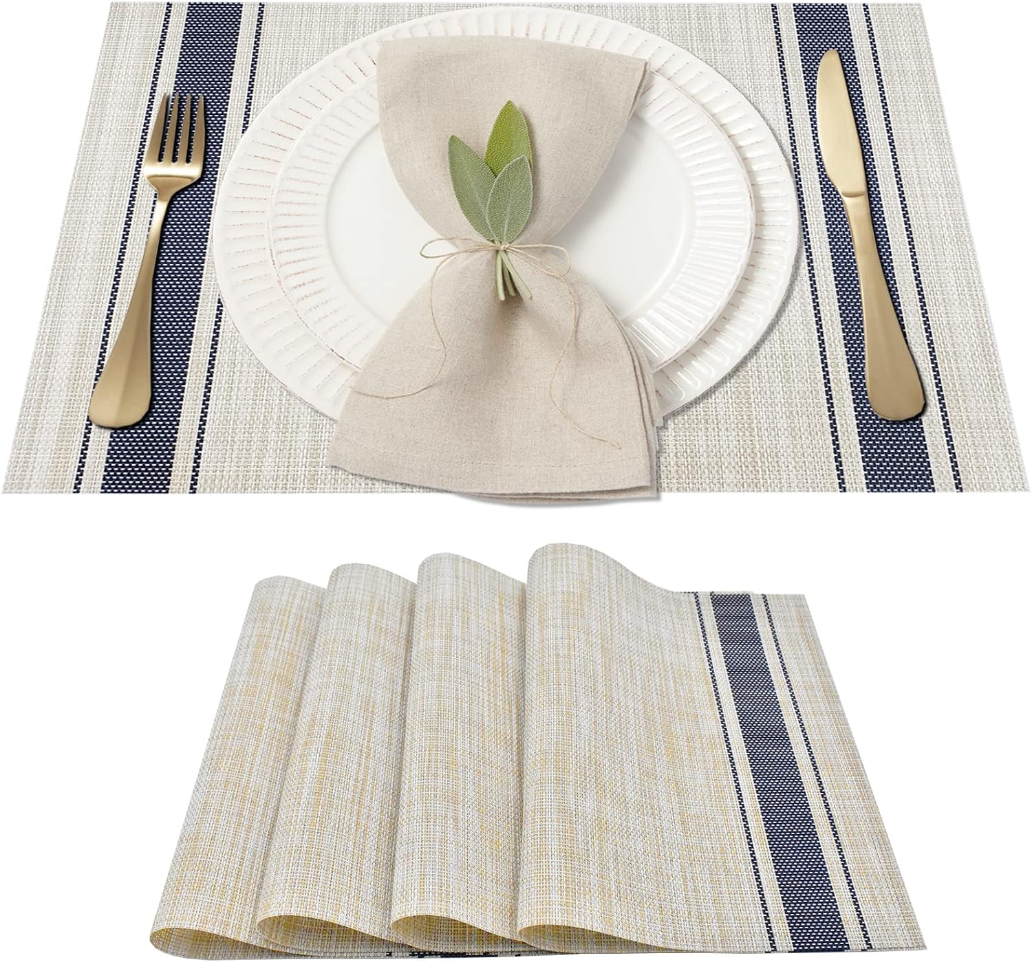 ARTAND Placemats Set of 4, Woven Placemats for Dining Table, Boho Decor Plastic Table Place Mats, Vinyl Table Mats for Indoor Outdoor Blue Lines