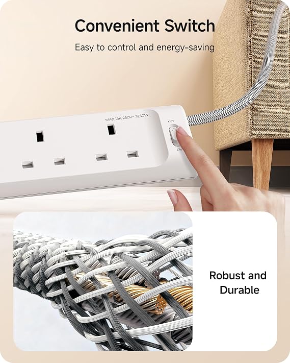 LENCENT 1.8M Extension Lead with 2 USB-C＆2 USB-A, 3250W 13A