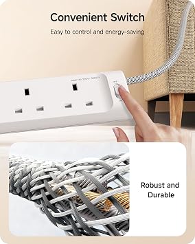 LENCENT 1.8M Extension Lead with 2 USB-C＆2 USB-A, 3250W 13A