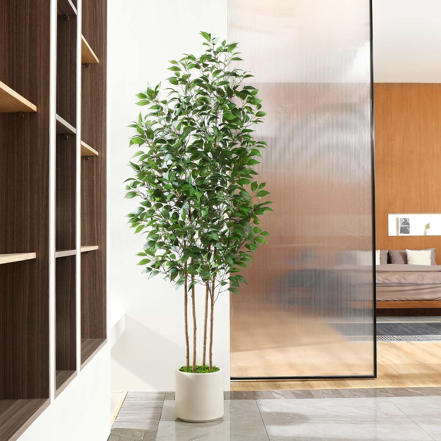 SOGUYI Ficus Artificial Tree 7ft Fake Silk Plant for Home Decor Indoor, Faux Tree in White Imitation Ceramic Planter Fake Floor Plant for Living Room and Home Office Corner Indoor Decor, Set of 1