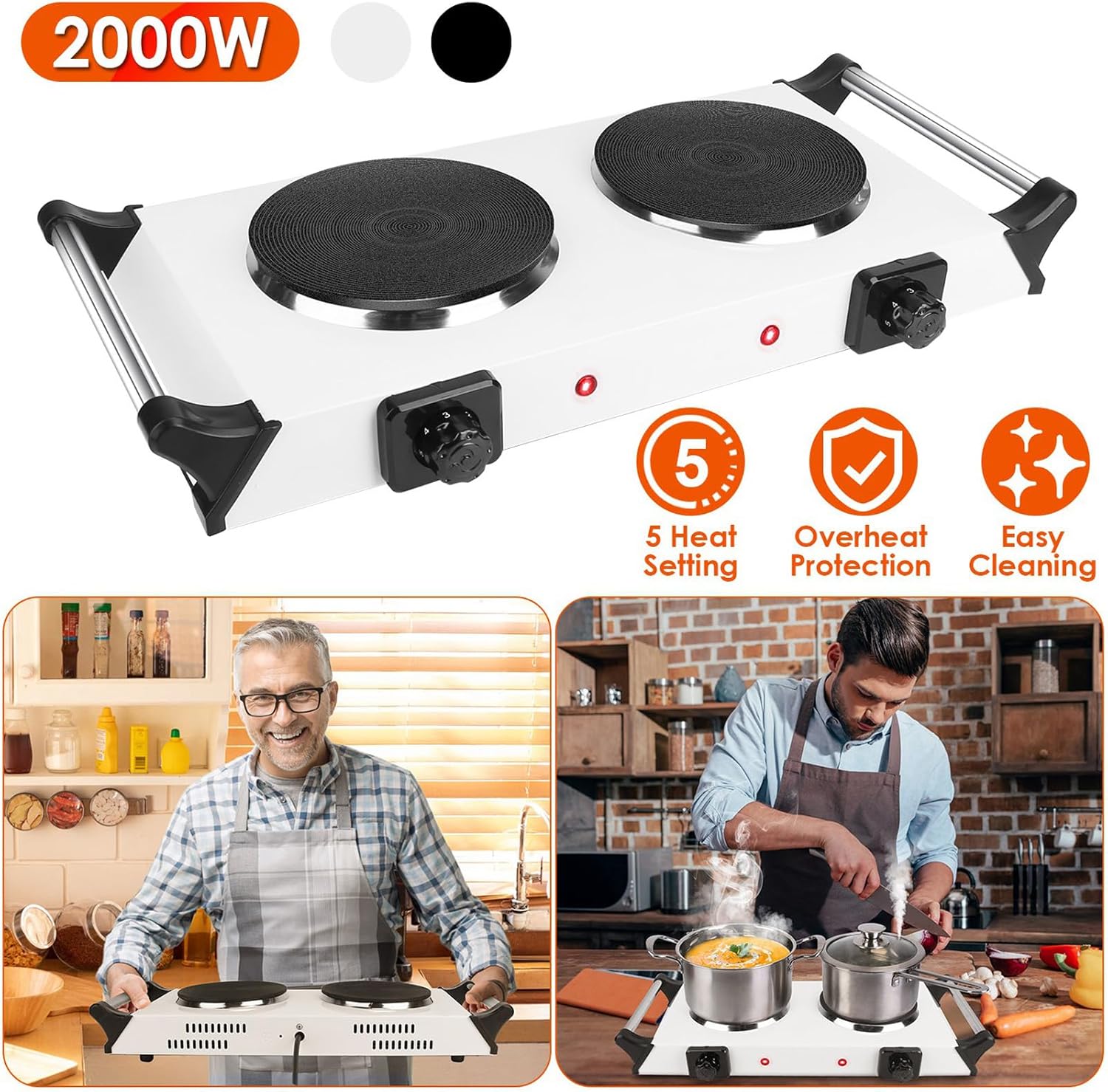 Electric Hot Plate, Electric Double Burners for Cooking, 2000W Countertop Dual Burner, Portable Cooking Stove Temperature Control, Easy to Clean, Cooktop for Home/RV, Silver
