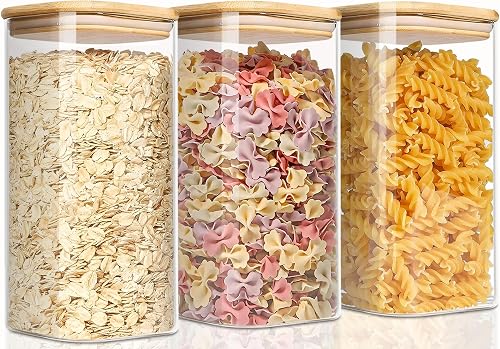 VIEWELLD 1.6 Qt Square Glass Storage Containers with Lids, Clear Food Storage Container Jar with Sealing Bamboo Lid for Noodles Flour Cereal Rice Sugar Tea Coffee Beans,Square Set of 3