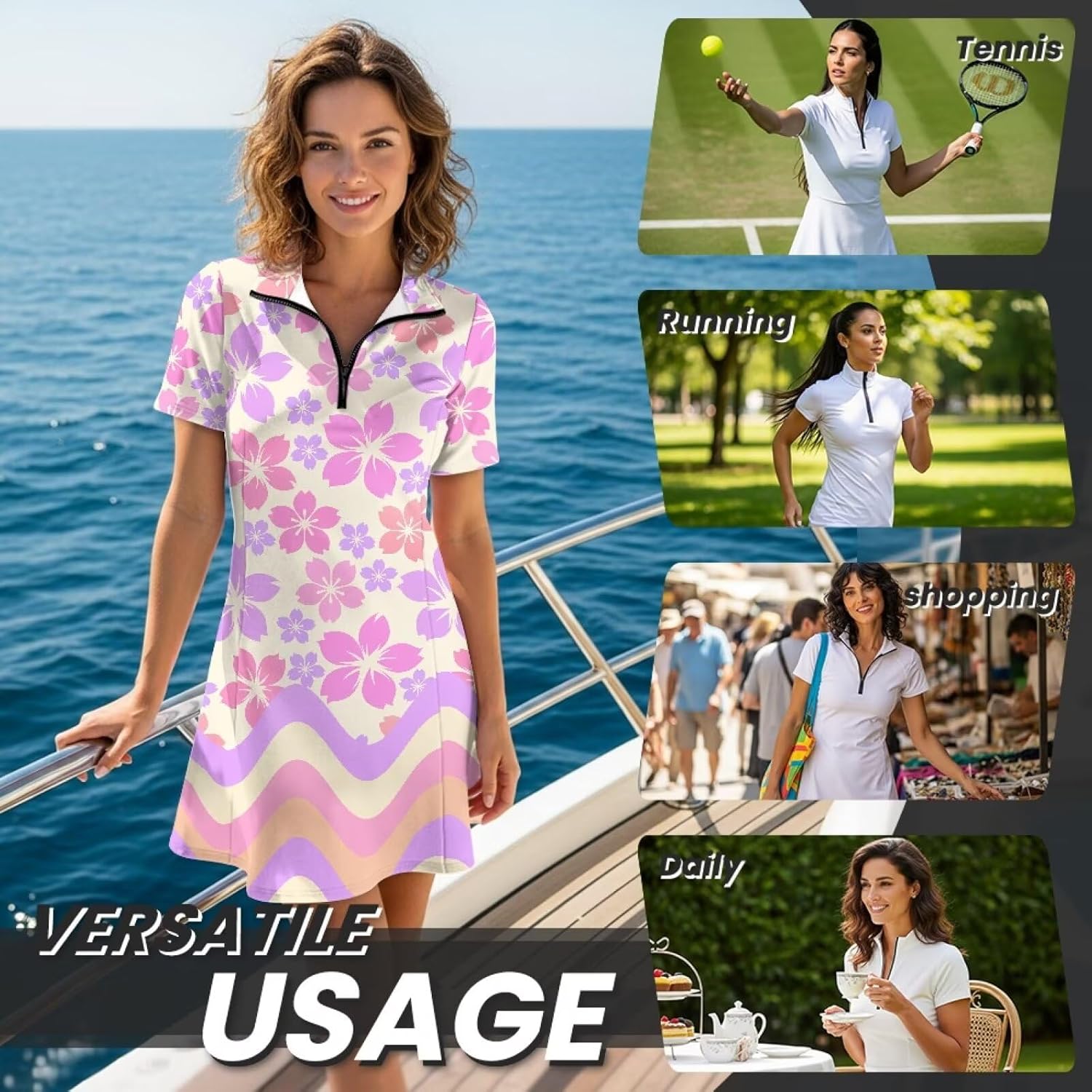 Short Sleeves Tennis Dress for Women Athletic Dress with Shorts Pockets Quarter Zip Golf Dresses