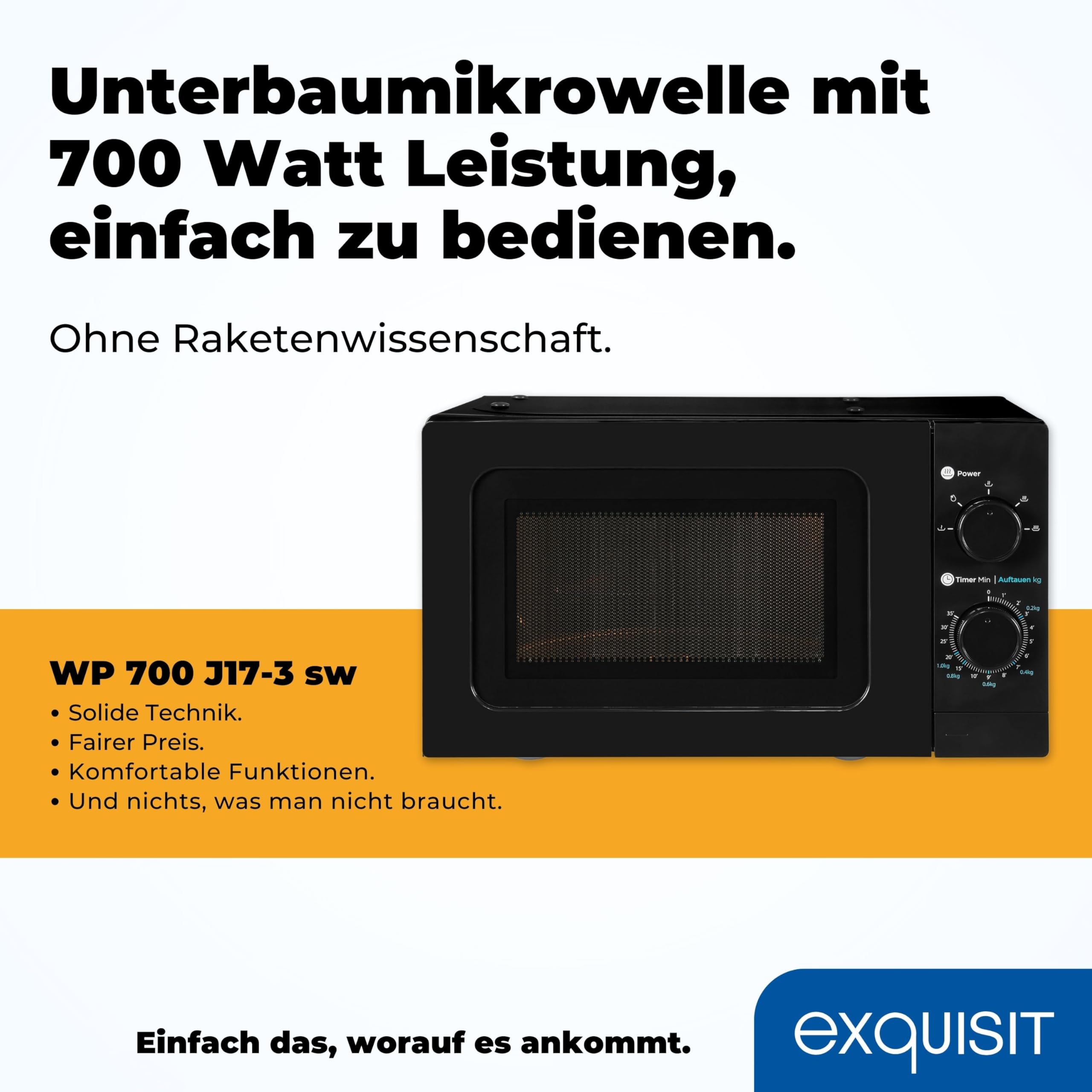 Exquisit Unterbau-Mikrowelle WP 700 J17-3 | 700 W | 20 L | Schwarz | Mechanische Steuerung mit 5 Leistungsstufen, Timer bis 35 Min, Drehteller 255 mm, Kabellänge 100 cm