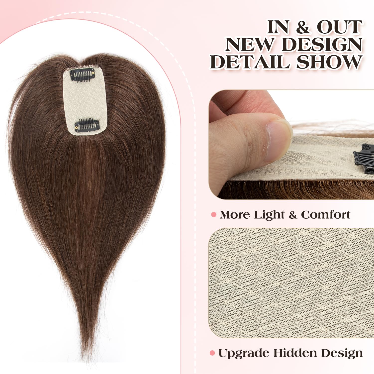 isheeny Human Hair Topper for Women, Clip in Short 8Inch Dark Brown Hair Topper with Real Scalp, Small Lightweight Secure Hold Topper for Thinning Hair/Receding Hairline, Seamless Blend Daily Wear