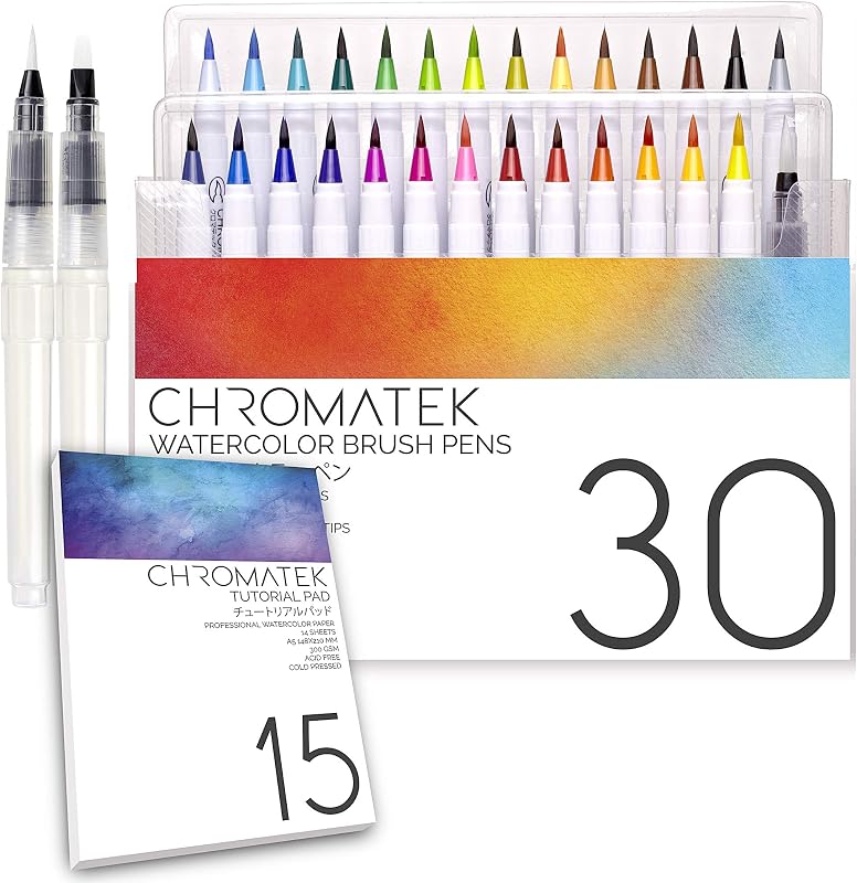 CHROMATEK 30 Rotuladores de pincel para acuarela | Cuaderno de tutoriales de 15 páginas y serie de vídeos en línea | Puntas de pincel | Calidad de artista profesional vívida y mezclable | 27 colores | 3 Aquapens | Juego completo de pintura de acuarela.