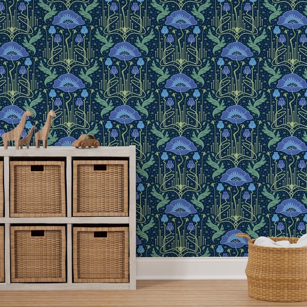 Spoonflower Peel & Stick Wallpaper 3ft x 2ft - Whimsical Art Nouveau Poppy Blue Damask Custom Removable Wallpaper