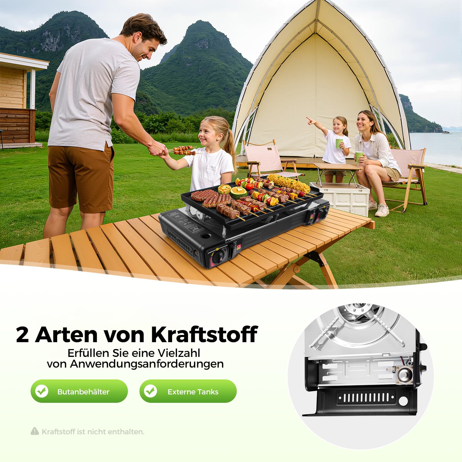 2-in-1 Gaskocher 2-Flammig Campingkocher mit Grillplatte, Tragbarer Camping Grill Gas Stove Campingkocher Gas Kochfeld für Outdoor und Innenraum