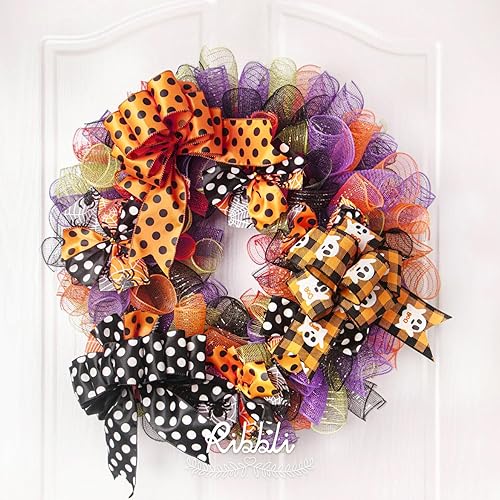 Miniatura 4 de Ribbli Cinta de Halloween con alambre, 6 rollos de cinta de Halloween naranja y negra de 2.5 pulgadas, total de 90 pies (30 yardas), fantasma,