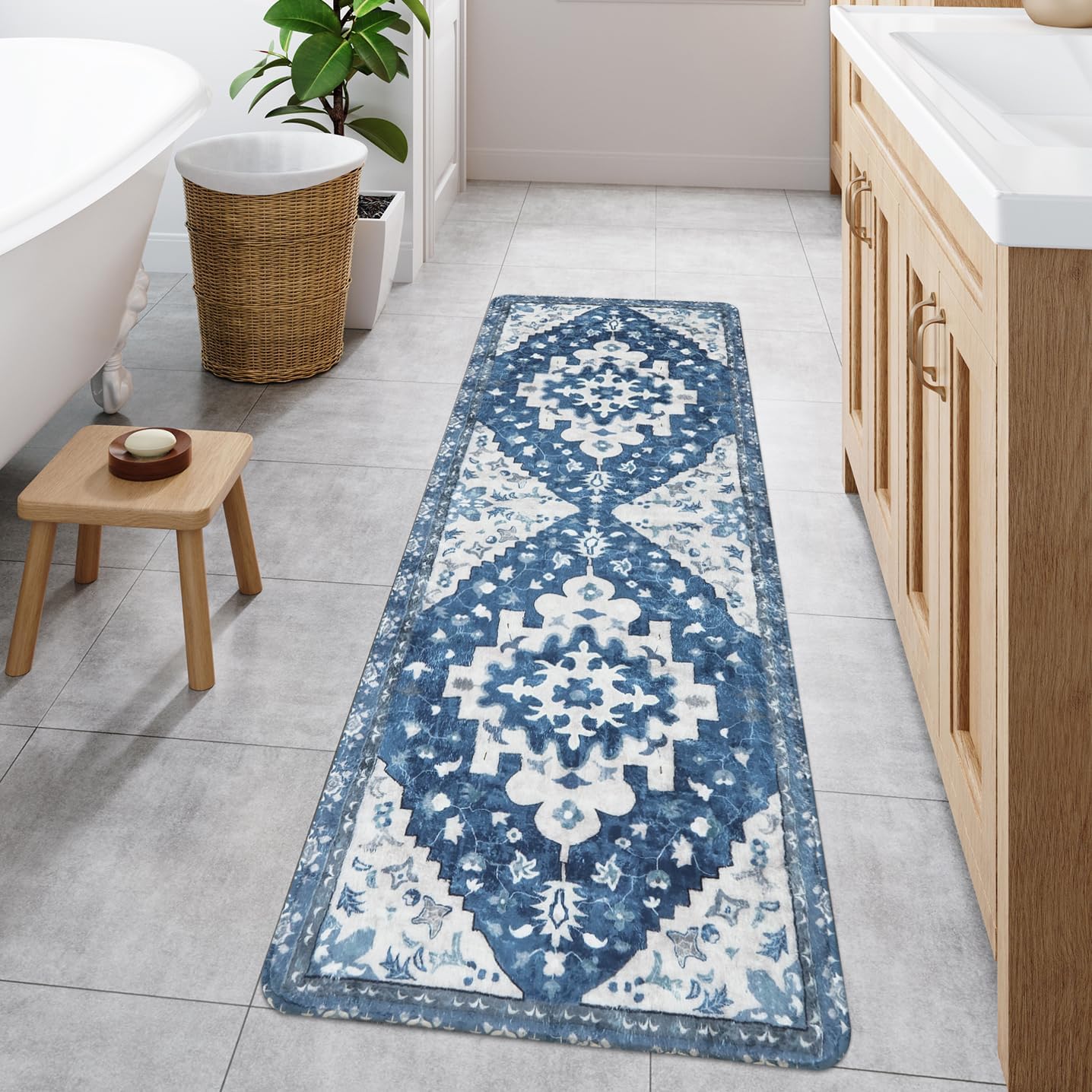 Uphome Boho Vintage Large Bathroom Rugs Blue Non-Slip Soft Hallway Runner Traditional Tribal Machine Washable Bedroom Rug Oriental Floral Aesthetic Floor Mat for Entryway Kitchen Laundry, 24x71 inch