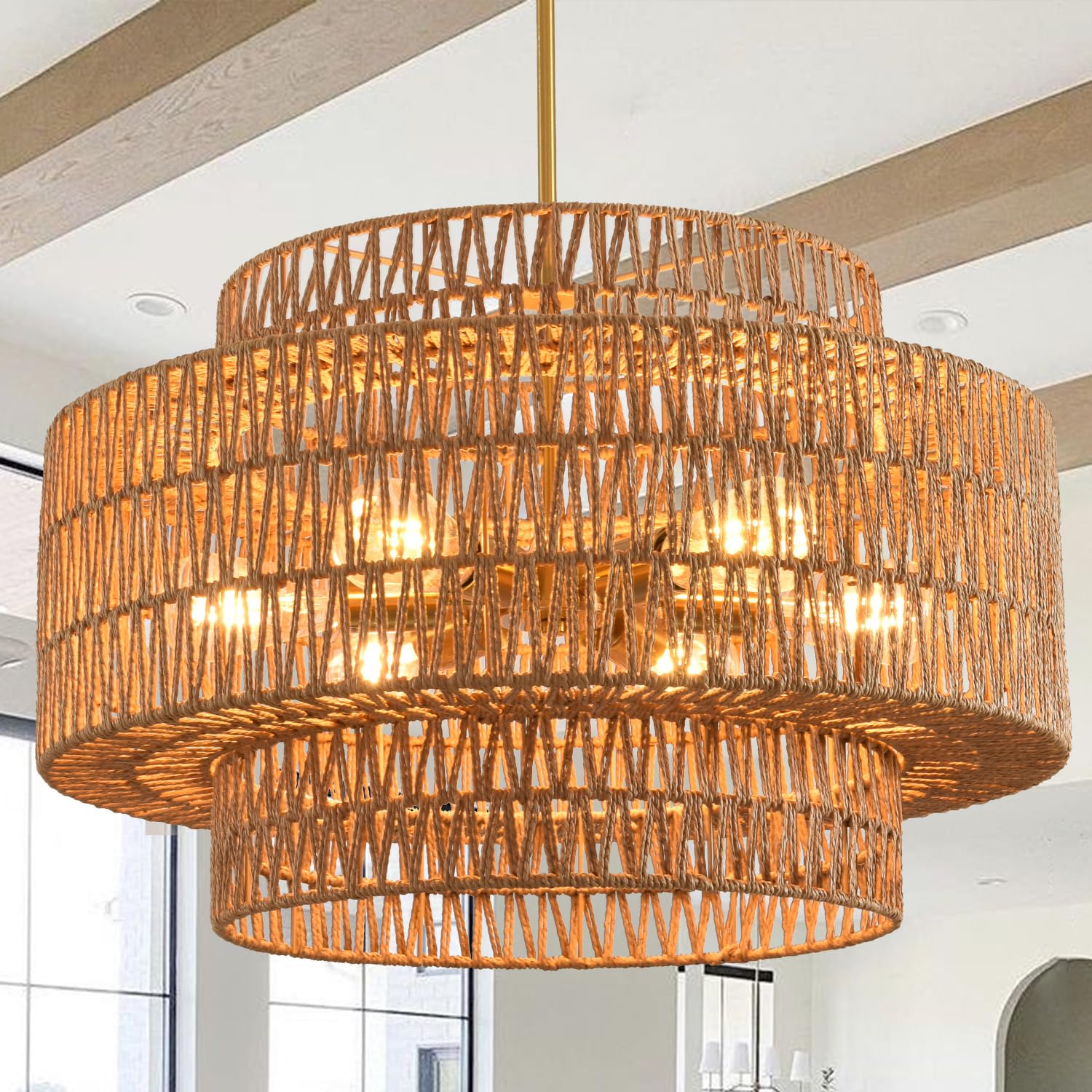Large Rattan Chandelier 23.62" Boho Chandelier for Dining Room 6 Lights
