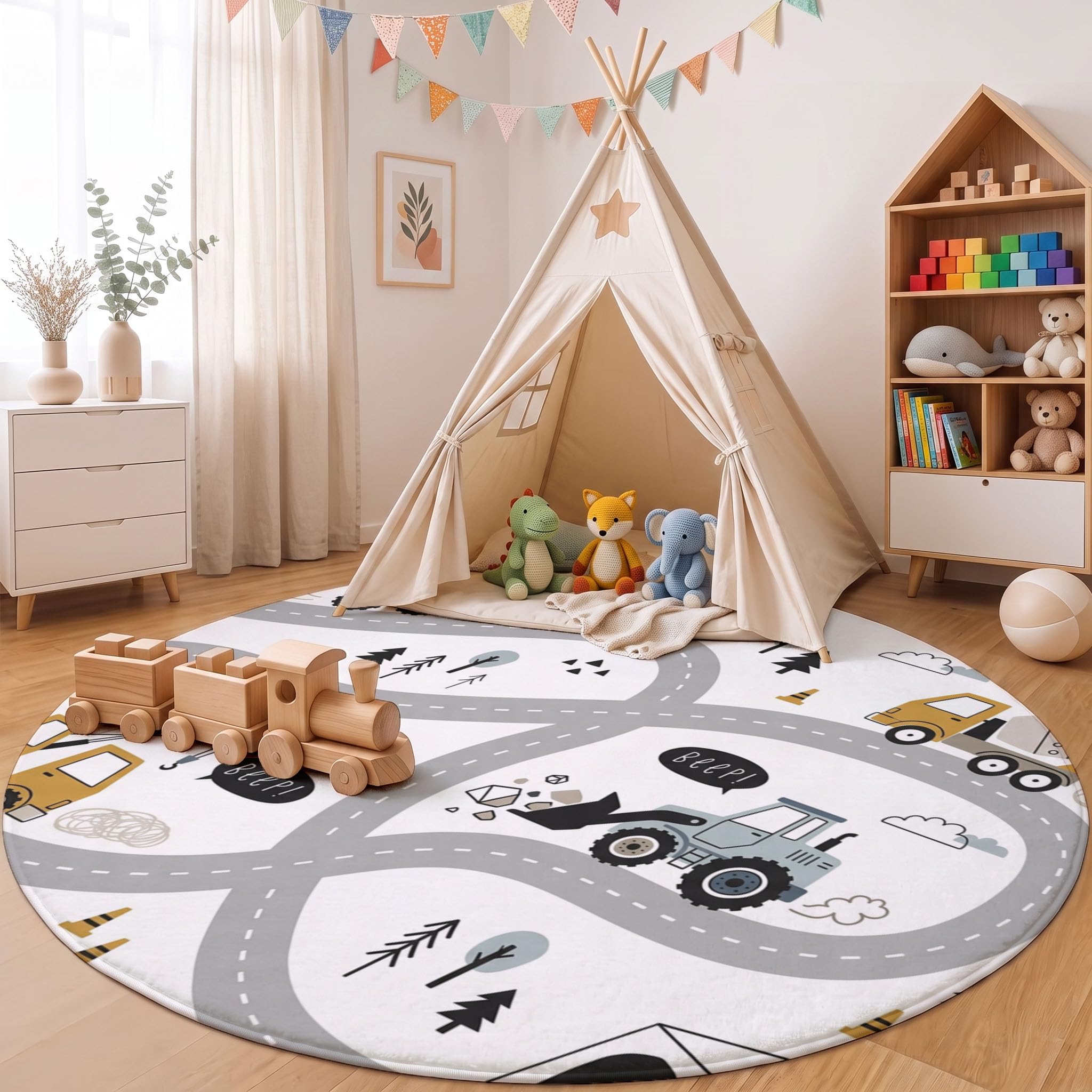 Tappeto Rotondo 180cm Mappa stradale del vento Pelo Corto | Tappeti Grigio Chiaro Flanelle Morbido - Tappeto Corsia per veicoli da cantiere Decorativi per Cameretta Camera da Letto