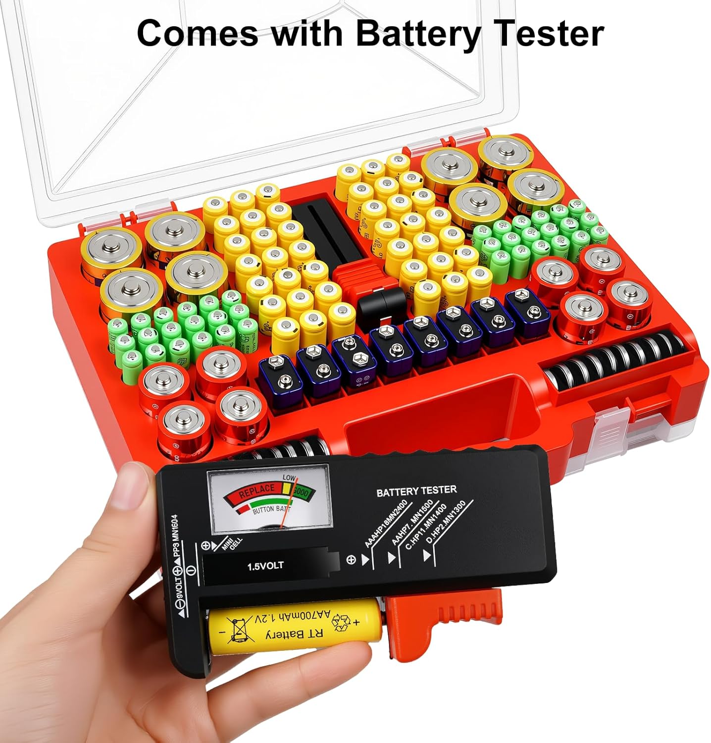 Battery Organizer Storage Case with Tester, Stores 185+ Batteries, Double-Sided with Clear Locking Lid - Red
