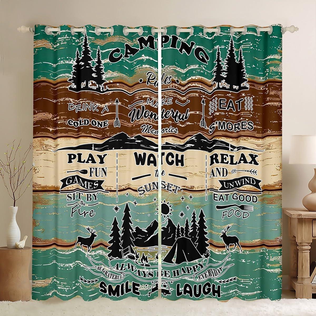 Erosebridal Rustic Camper Curtains 42x90 inch,Happy Camping Blackout Curtains(30-50%) for Cabin Lodge,Farm Style Camping Rules Curtains Drapes,Wooden Plank Window Curtains 2 Panels for Living Room