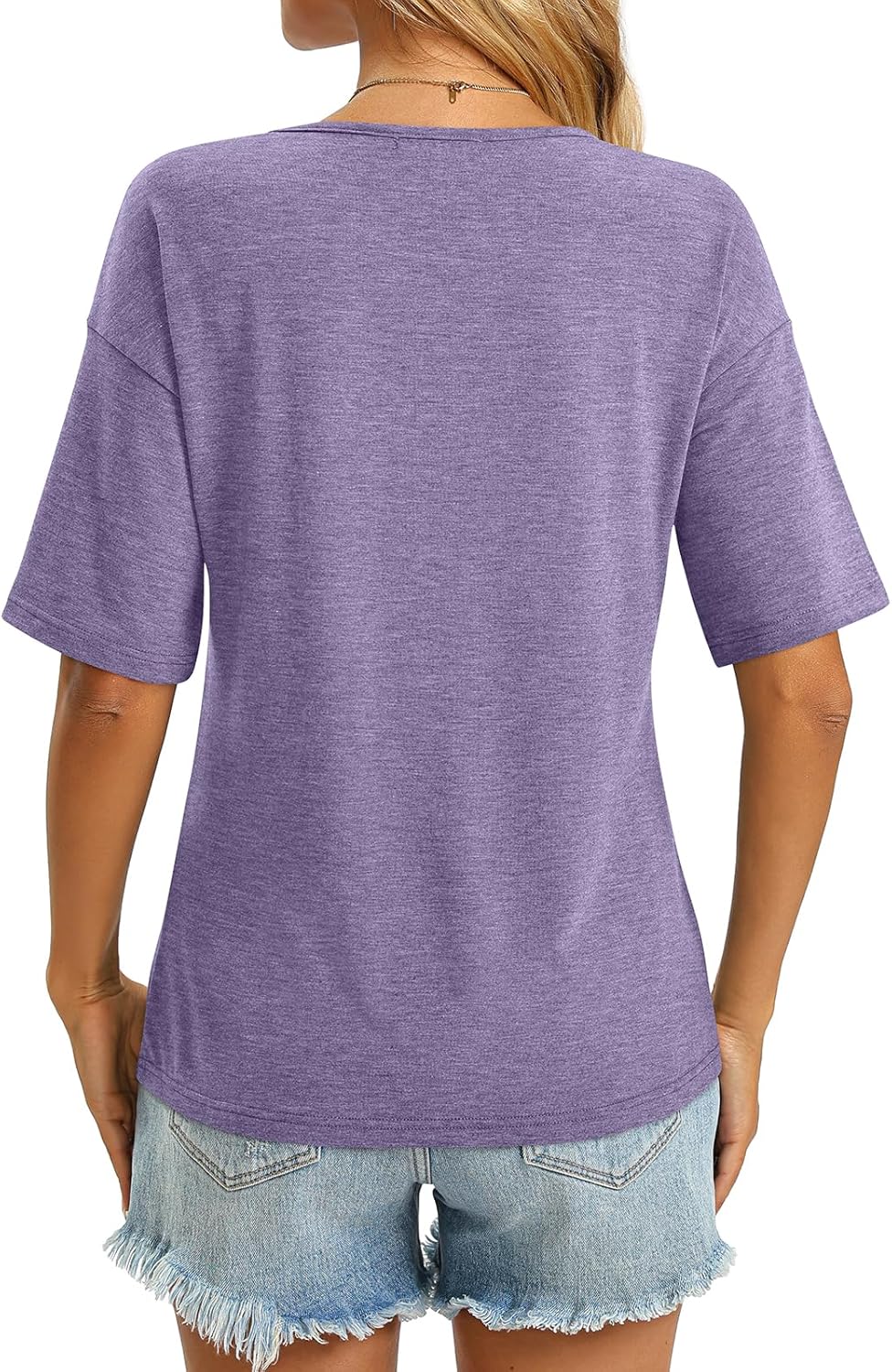 Women's V Neck Tops Elbow Length Shirts Loose Fit Summer Tops Basic Tees - Image 5