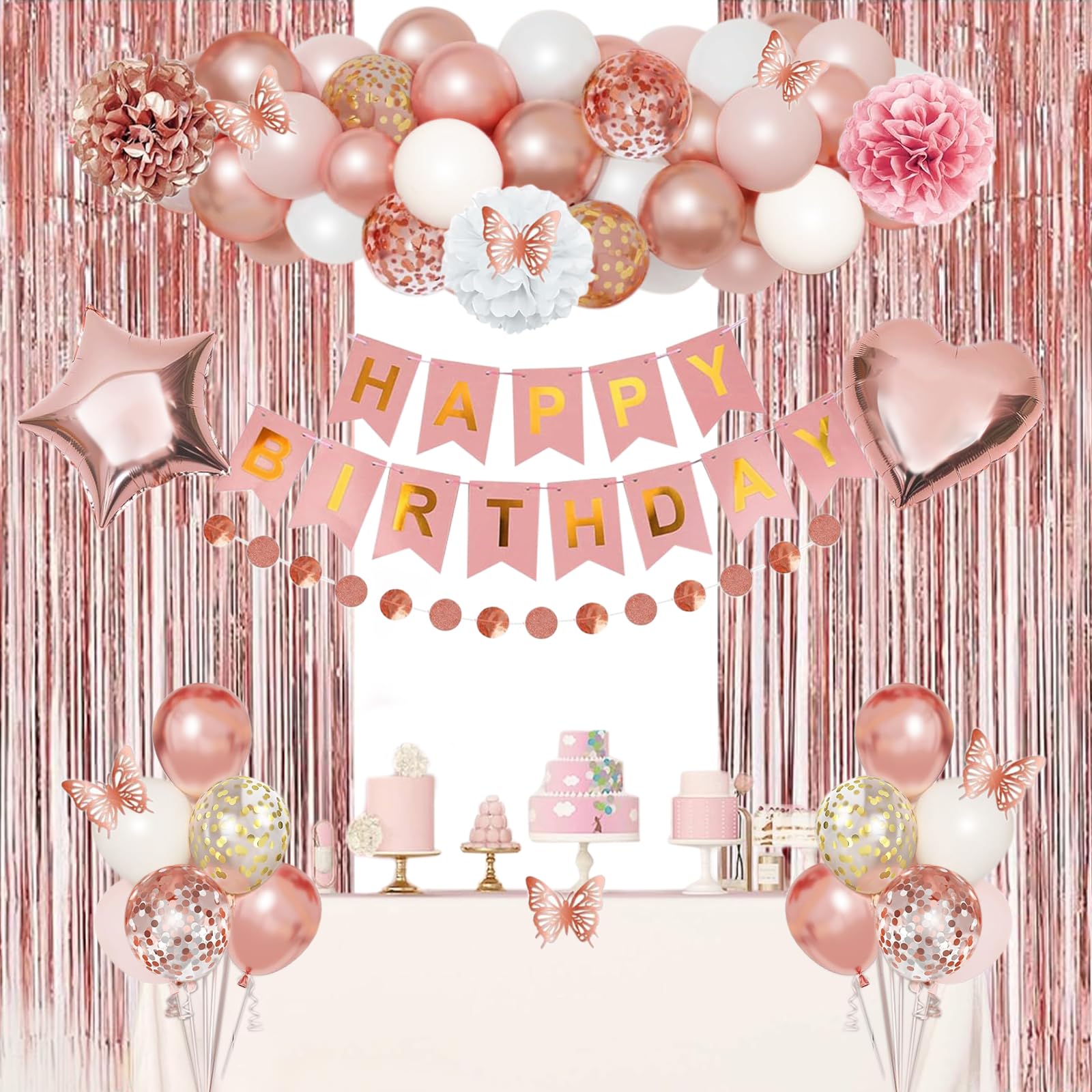 Rose Gold Birthday Party Decorations Kit for Women Girls, Foil Confetti Rose Gold Balloon Pink Happy Birthday Banner Fringe Curtains Tassels Pom