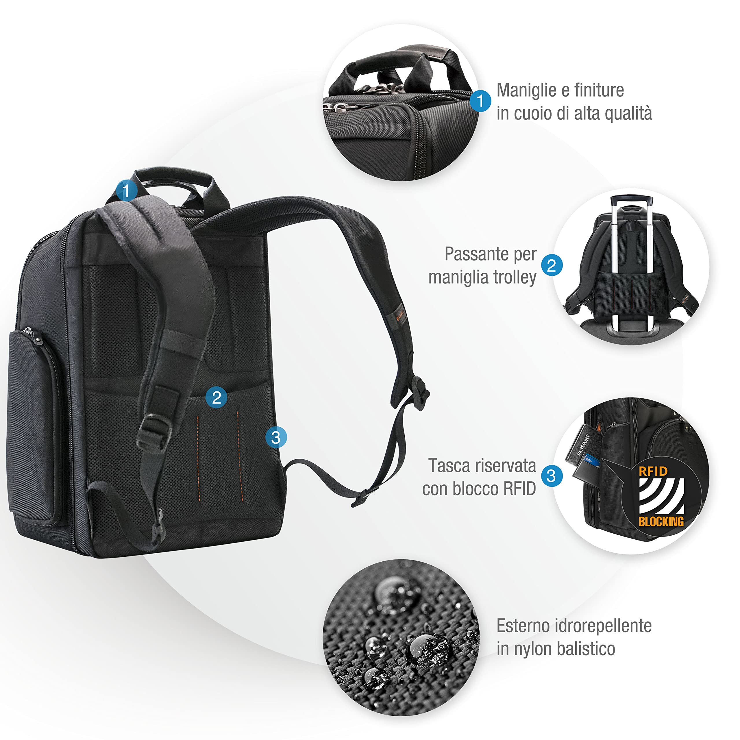 Everki Onyx 17 zaino laptop executive – nylon balistico e pelle, scomparto dedicato fino a 17,3", tasca per elettronica imbottita, 36 L – Nero (EKP132S17)