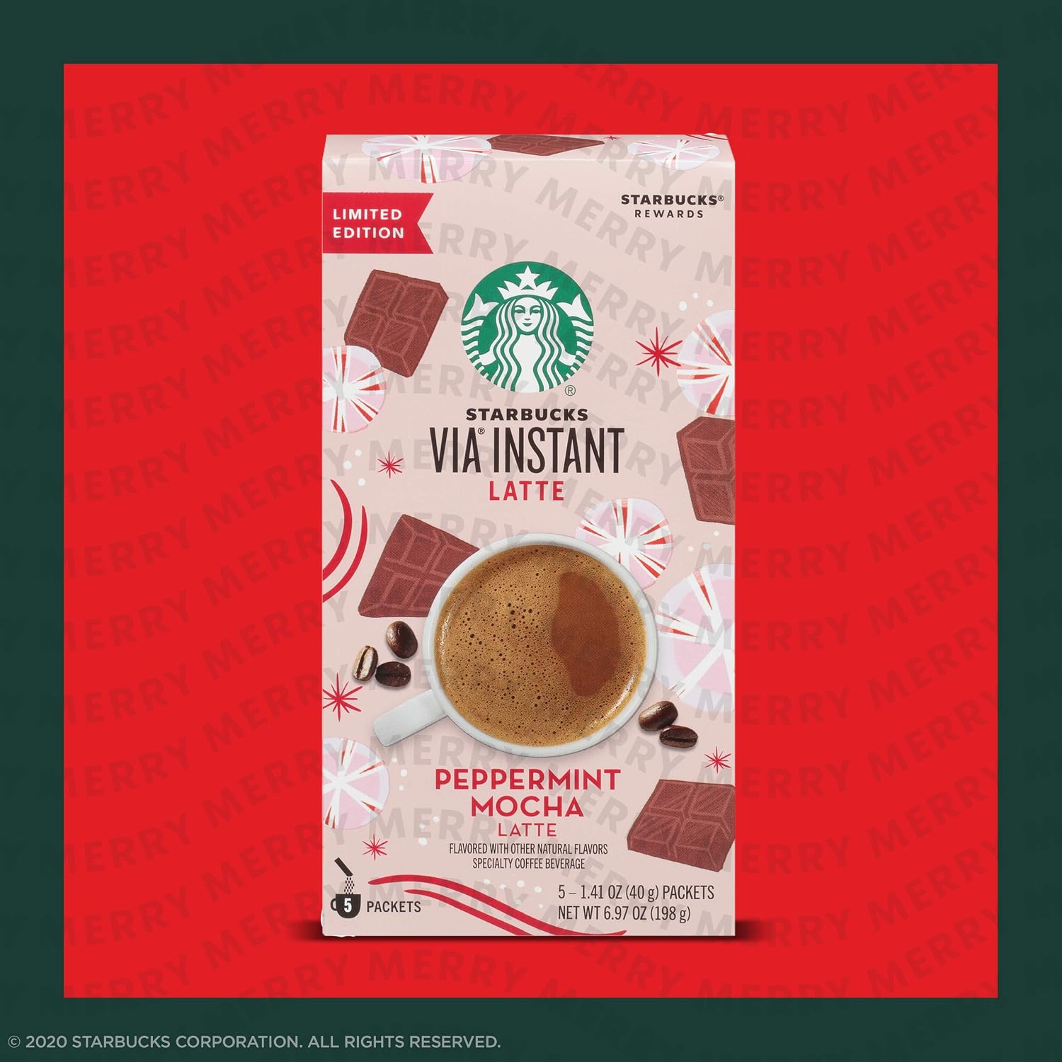 Starbucks VIA Instant Coffee Flavored Packets — Peppermint Mocha Latte — 100% Arabica — 1 box (5 packets)