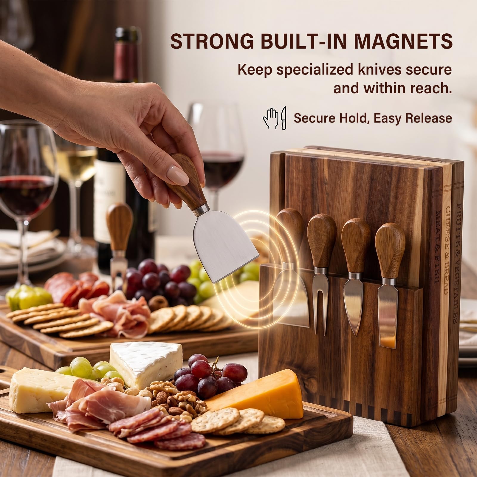Set de 3 Tablas de Cortar con Forma de Libro para Cocina, Tabla de Quesos y Jamón de Acacia con 4 Cuchillos y Soporte, Regalo de Inauguración de Casa, 33x25x2 cm
