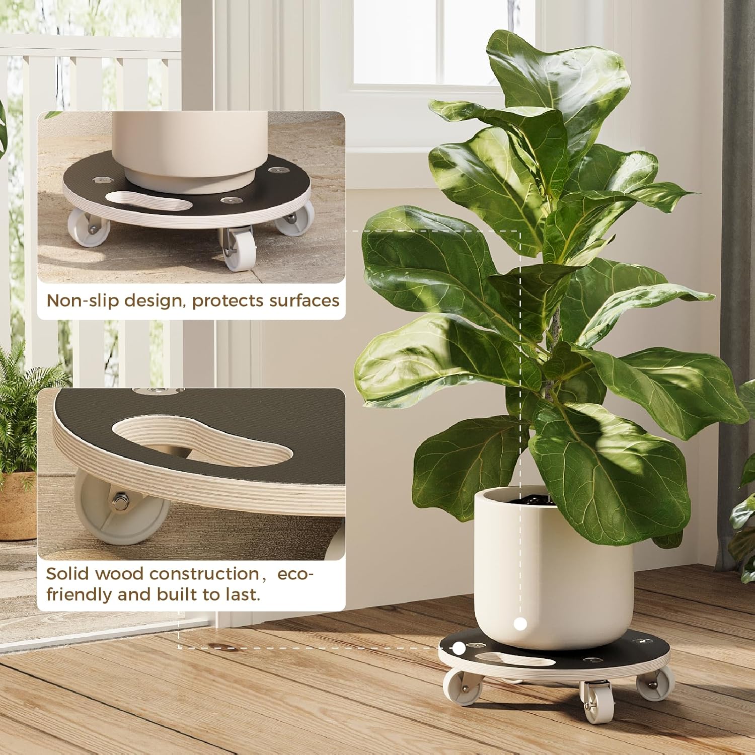 Bamworld Plant Caddy with Wheels 15 Inch Heavy Duty Rolling Plant Stand for Large Potted Plants 550 lbs Capacity Plant Dolly with Wheels Plant Rollers Base for Indoor Outdoor Large Planter Flower Pot