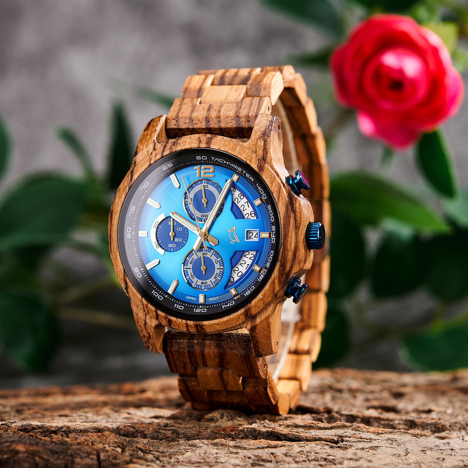 2win Reloj de madera grabado para hombre, esfera azul de cebra, reloj cronógrafo para marido, aniversario, cumpleaños, Navidad, día de San Valentín, regalo de esposa