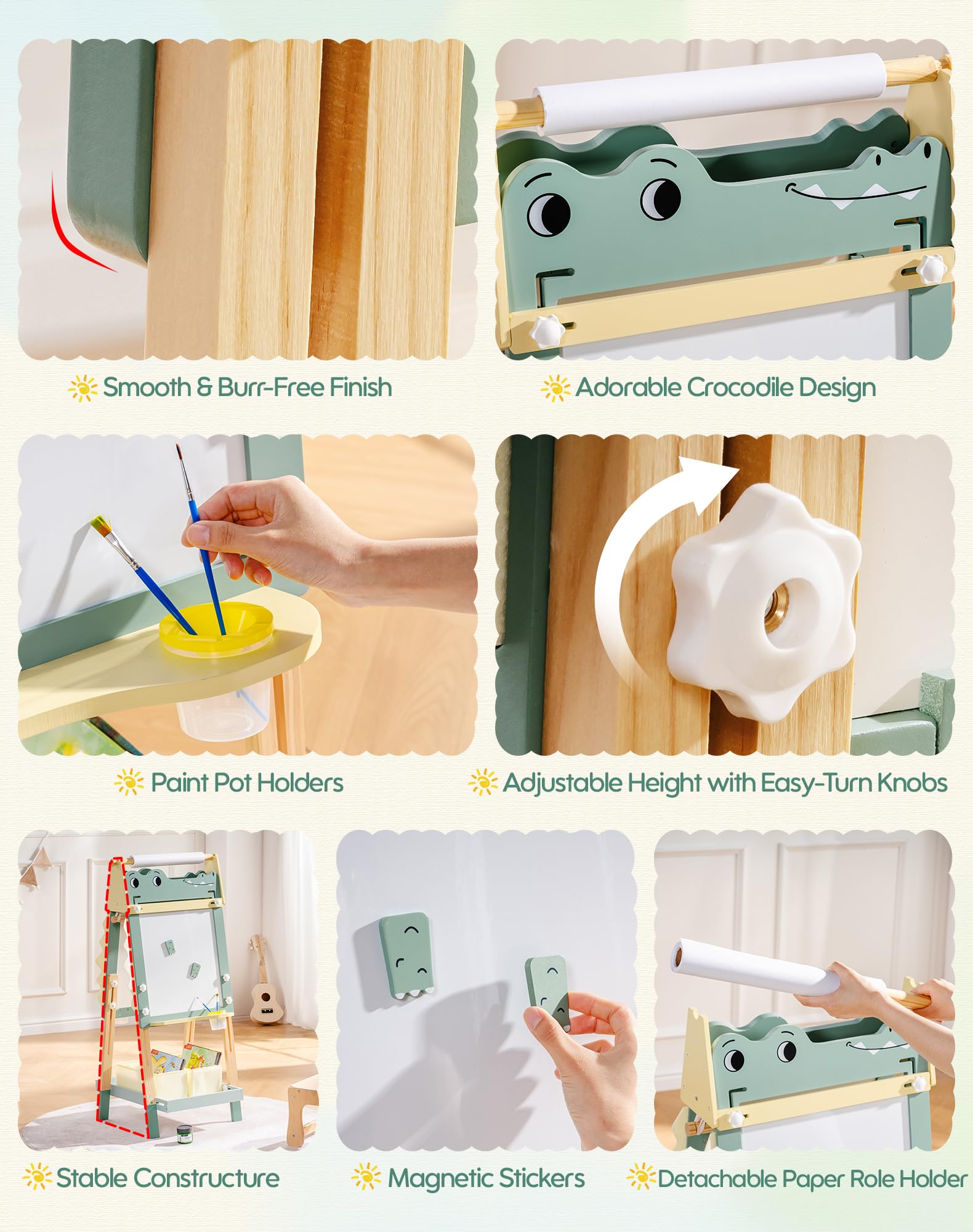 Caballete de cocodrilo para niños, caballete de madera 3 en 1 de altura ajustable con pizarra blanca magnética, pizarra y soporte para rollo de papel, divertida estación de arte para niños y 6