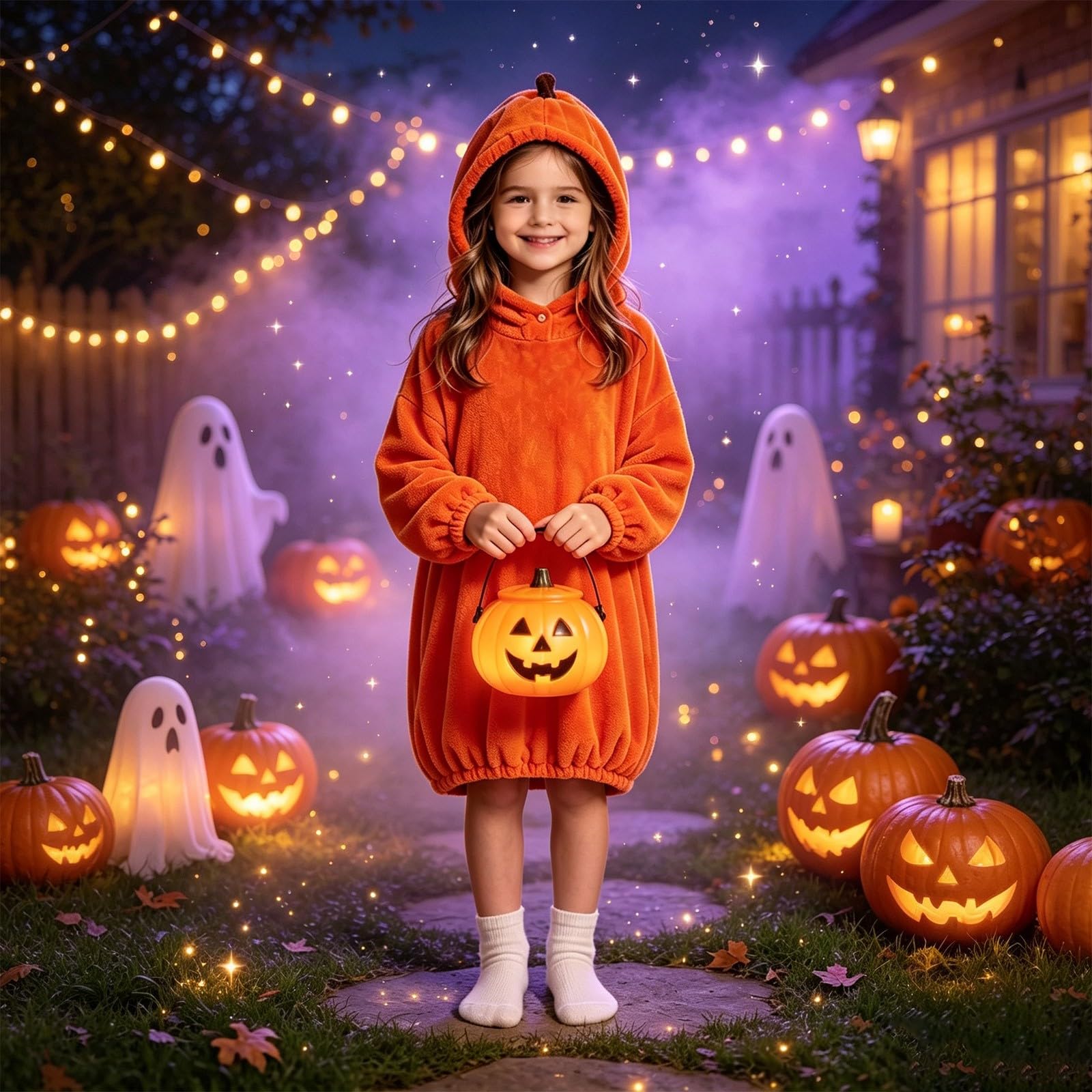 Túnica larga mullida con capucha de calabaza de Halloween para niñas