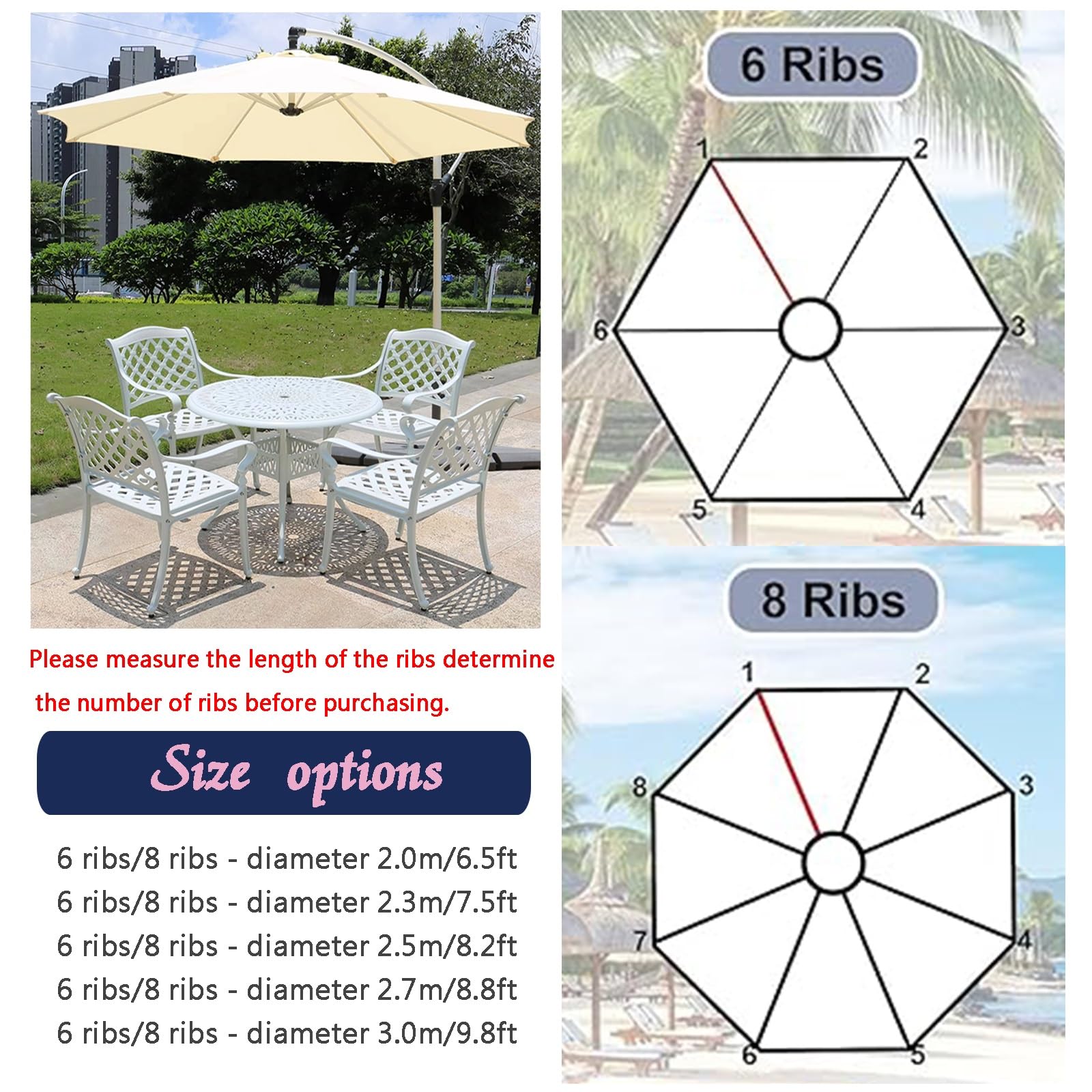 Tettuccio sostitutivo for ombrellone da giardino a 6/8 stecche, parte superiore rotonda for ombrellone da esterno, parasole impermeabile, telaio da 1 pezzo non incluso(Pure White,2.5m/8.2ft-6ribs)