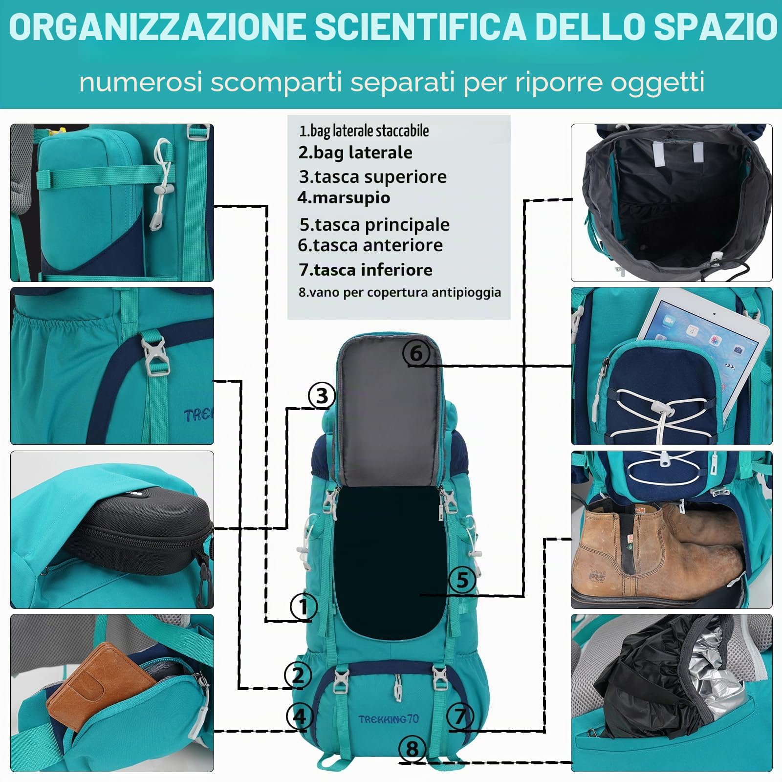 Bseash Zaino da campeggio impermeabile da 70 l (65+5) con copertura antipioggia, zaino da viaggio per sport all'aria aperta per arrampicata Touring