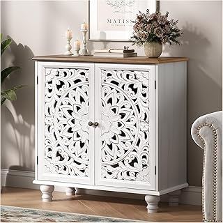Accent Cabinet with Doors, Storage Cabinet with Solid Wood Legs and Adjustable Shelf, Sideboard Buffet for Living Room, Entryway, Dining Room, Bedroom, White