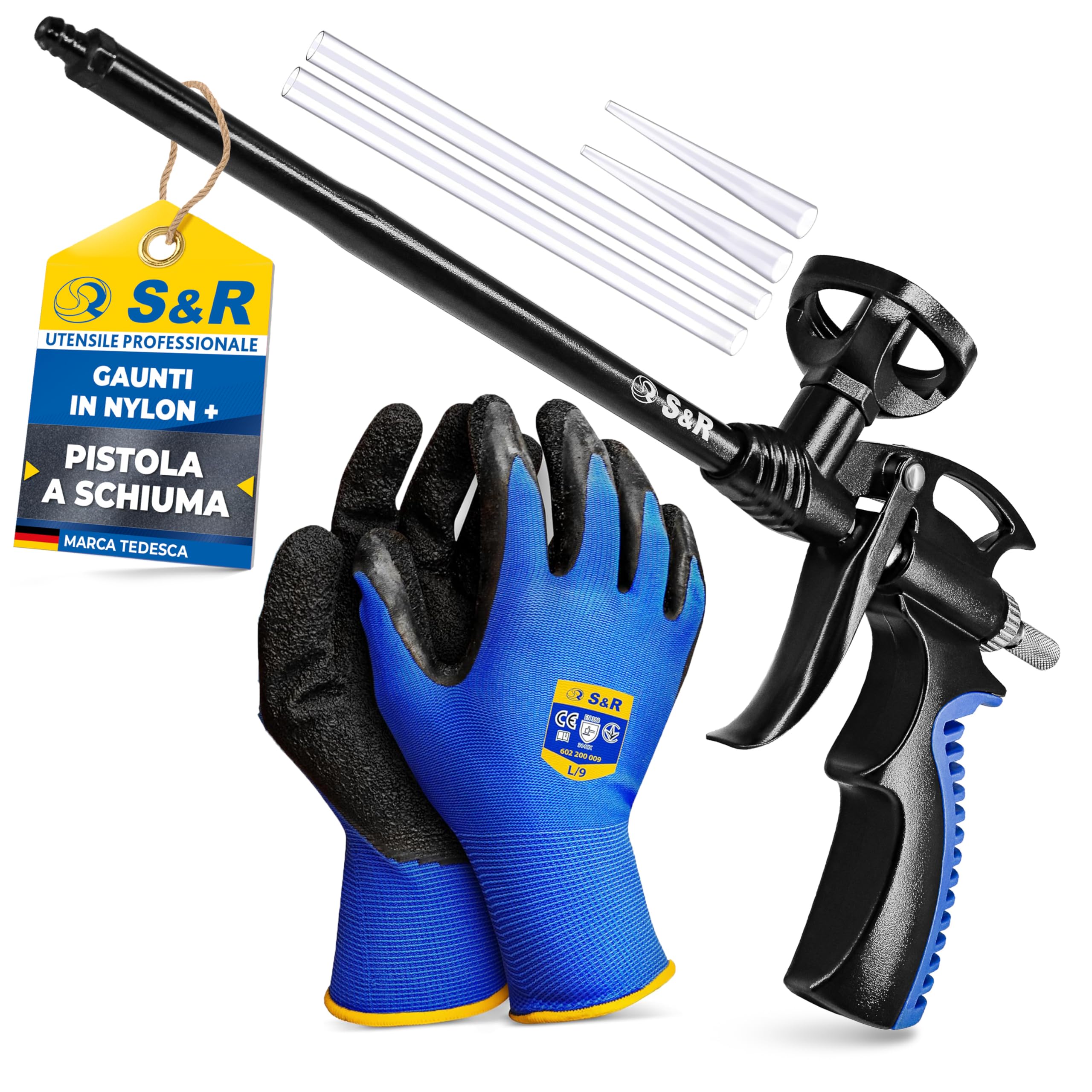 S&R Pistola Schiuma Poliuretanica Professionale PU 345 mm. Pistola per Schiuma Espansa Rivestimento Antiaderente e Ugello Acciaio Inox e Teflon. Foam Gun Dosaggio di Precisione.