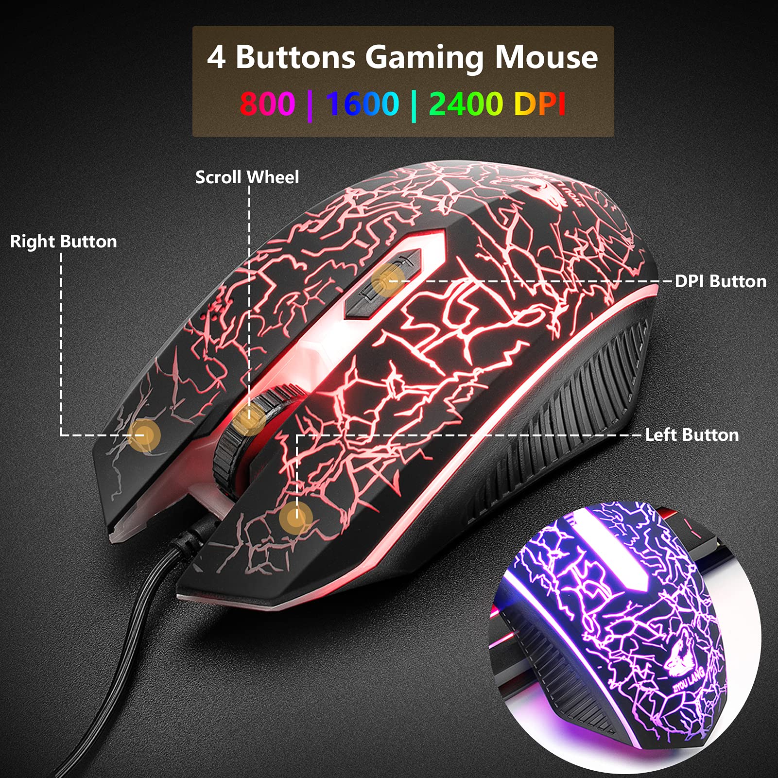 Juego de Teclado y ratón para Juegos, 104 Teclas, Teclado QWERTY retroiluminado arcoíris, 2400 dpi 4 Botones, cómoda Alfombrilla de ratón con Cable USB, Compatible con Windows Mac, PC, PS4, Negro