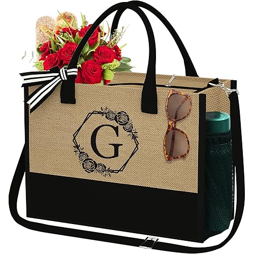 YOOLIFE Initial Jute Beach Travel Tote Bag with Zipper Adjustable Strap Mothers Day Birthday Gifts for Women Her
